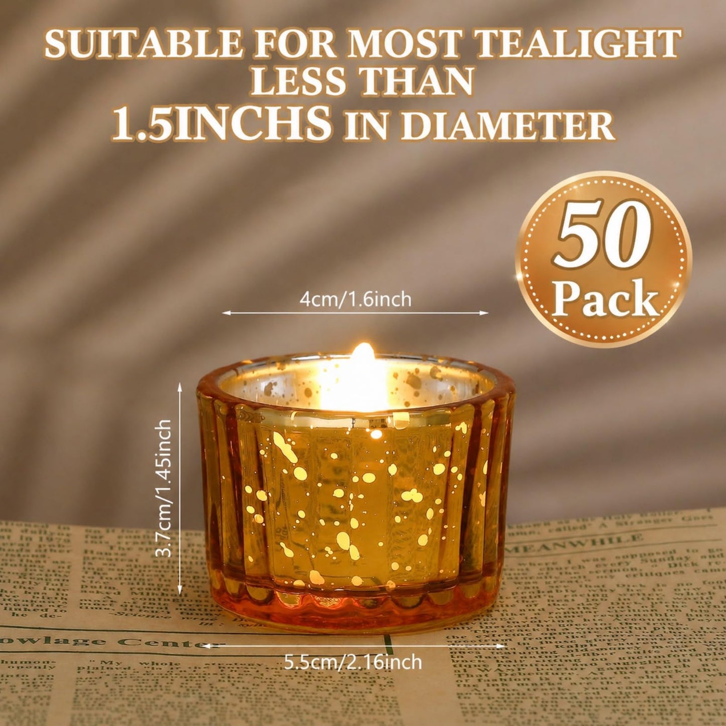 Mumufy 50 Pcs Glass Tealight Candle Holder Ribbed Votive Candle Holder for Centerpiece Wedding Proposal Spa Aromatherapy Meditation Home Decor (Gold)