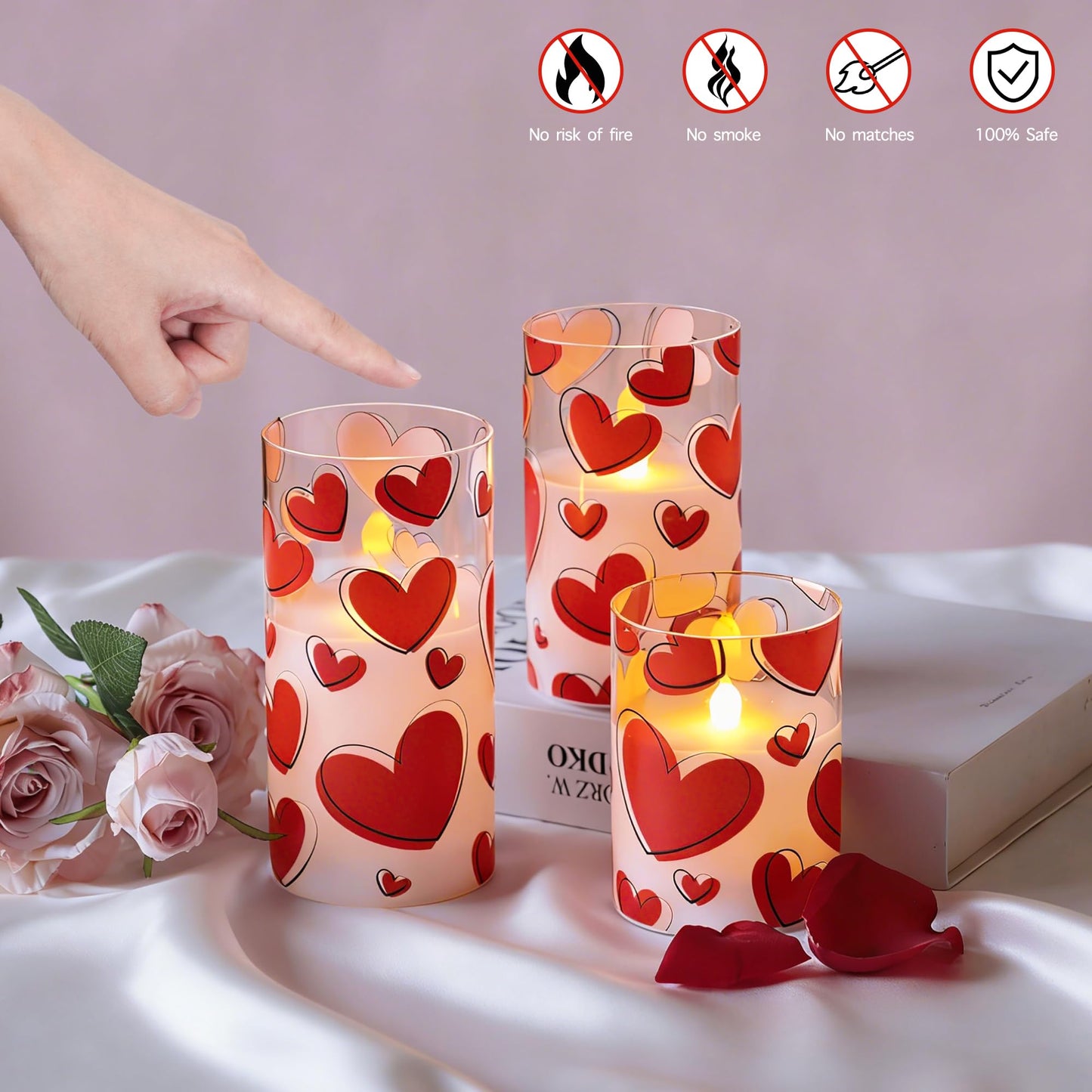 AFINETH Valentines Day Flameless Candles with Remote, Red Heart Glass Battery Operated Candles, Real Wax Flickering LED Pillar Candles for Proposal Wedding Anniversary Romantic Night, 3 Pack