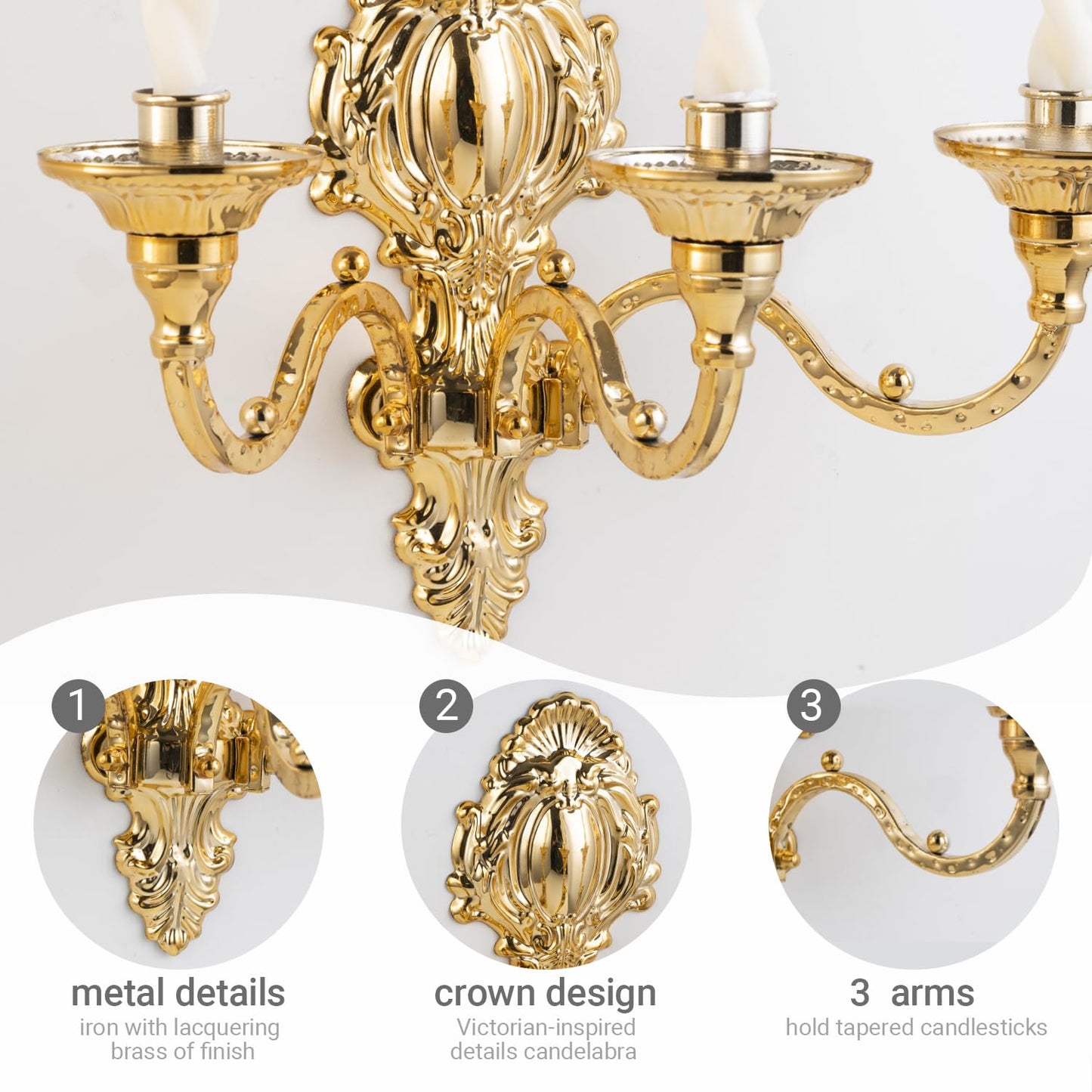 3-Candle Wall Sconces,Victorian Metal Wall Mounted Candlestick,Gold Crown Candle Holders for Tapered Candle,Gothic Antique Candelabra,Brass Baroque Decor for Living Rooms Hallways(1pack