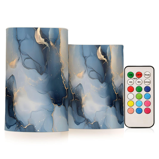 zyrtty 2 Pack Plastic Flameless Candles Abstract Gold Navy Blue Marble Pattern Battery Operated with Remote and Timer Real Wax LED Flickering Pillar Candles Set Window Christmas Holiday Decor