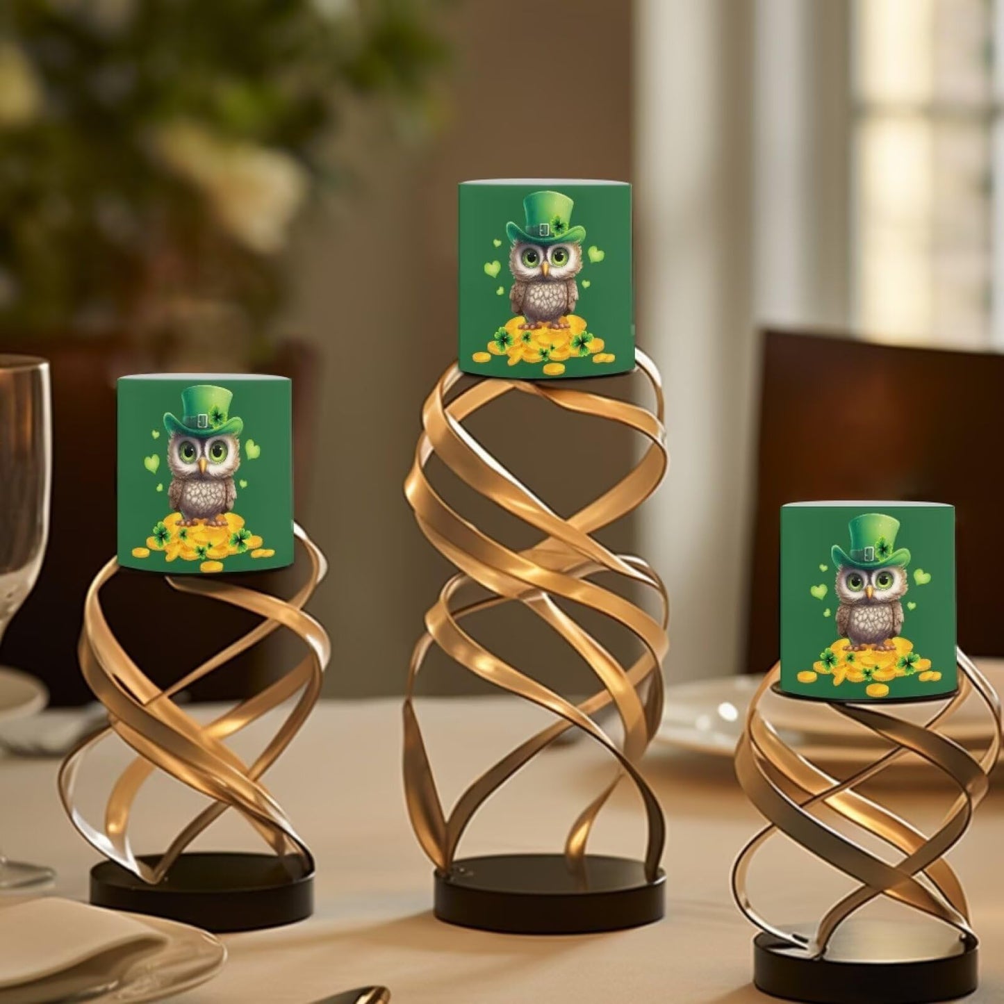 Merkmak 4 Pack Flickering Flameless Candles with Timer and Remote Battery Operated LED Candles St Paddy's Day Tea Lights for Party, Banquet, Home Decoration, Owl Gold Shamrocks Print