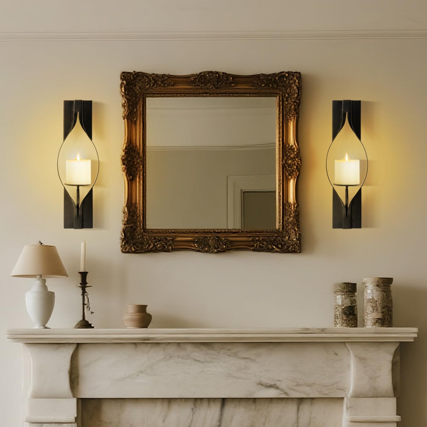 Wall Candle Sconces Set of 2, Decorative Metal Candle Holder for Living Room, Farmhouse, Fireplace (Matte Black)
