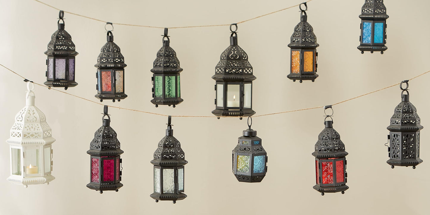 Zingz & Thingz Moroccan Style Candle Lantern Holder, Decorative Light Home Decor, Indoor & Outdoor, 10.25" Tall, Black with Red Glass