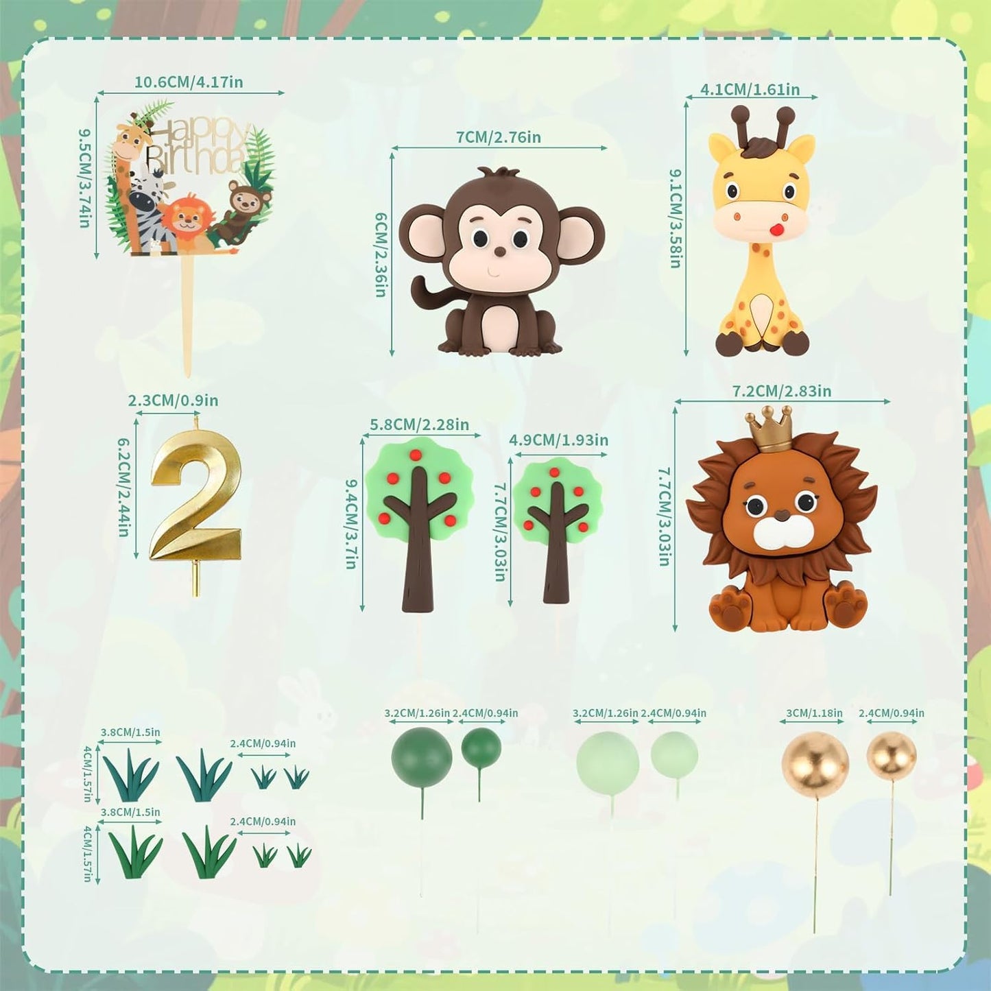 2st Birthday Safari Cake Toppers Set - 3D Lion, Monkey, Giraffe with Number 2 Candle, 8 Grass, Trees & Balls - 21PCS Jungle Animal Cake Decorations Kit for Boys Girls 2 Year Old Party (2st)