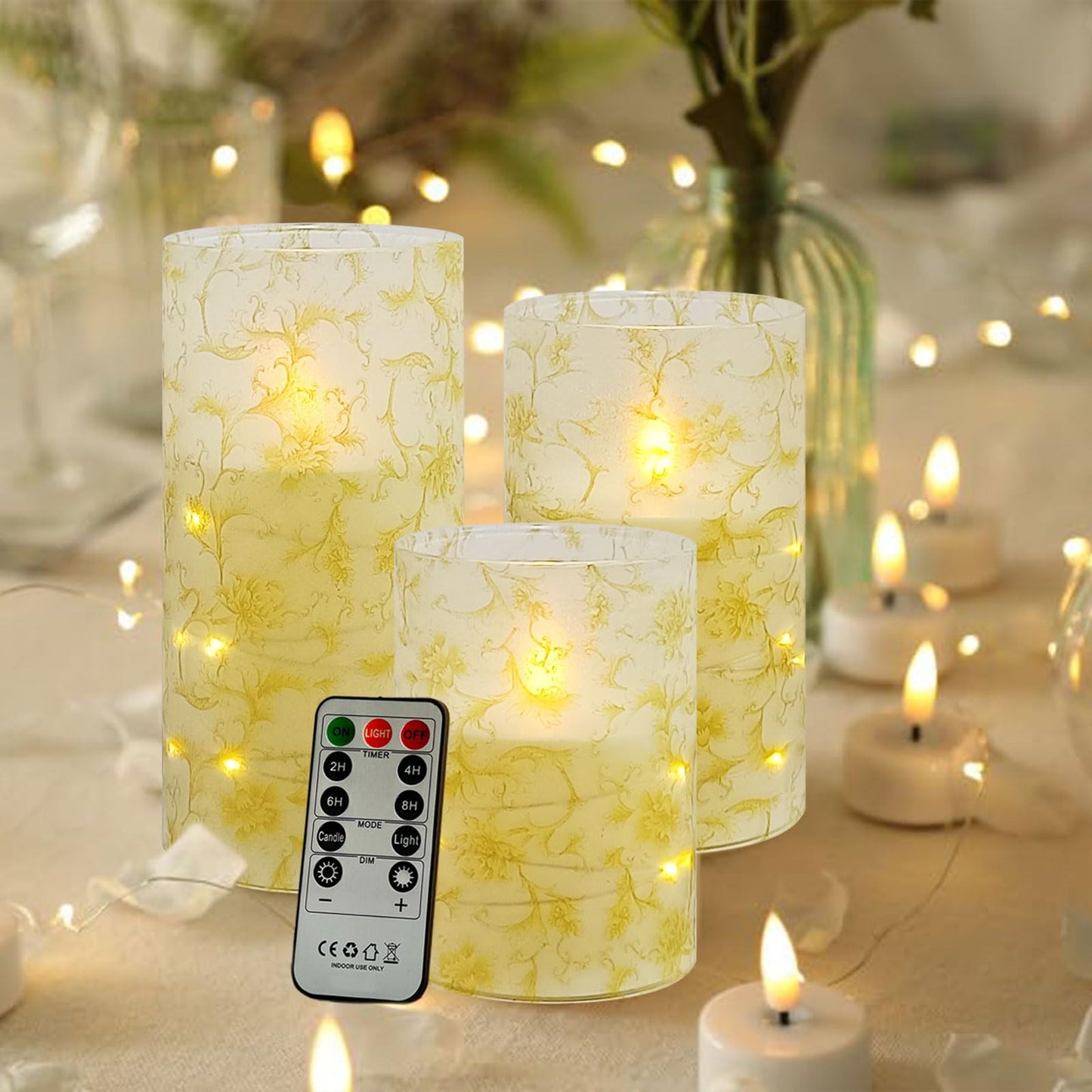 NjaoHoo Flickering Flameless Candles, Recessed String Light LED Candles 3D Wick Acrylic Battery Operated LED Pillar Candles with Remote and Timer for Modern Simple Home Decor Set of 3(Gold Flower)