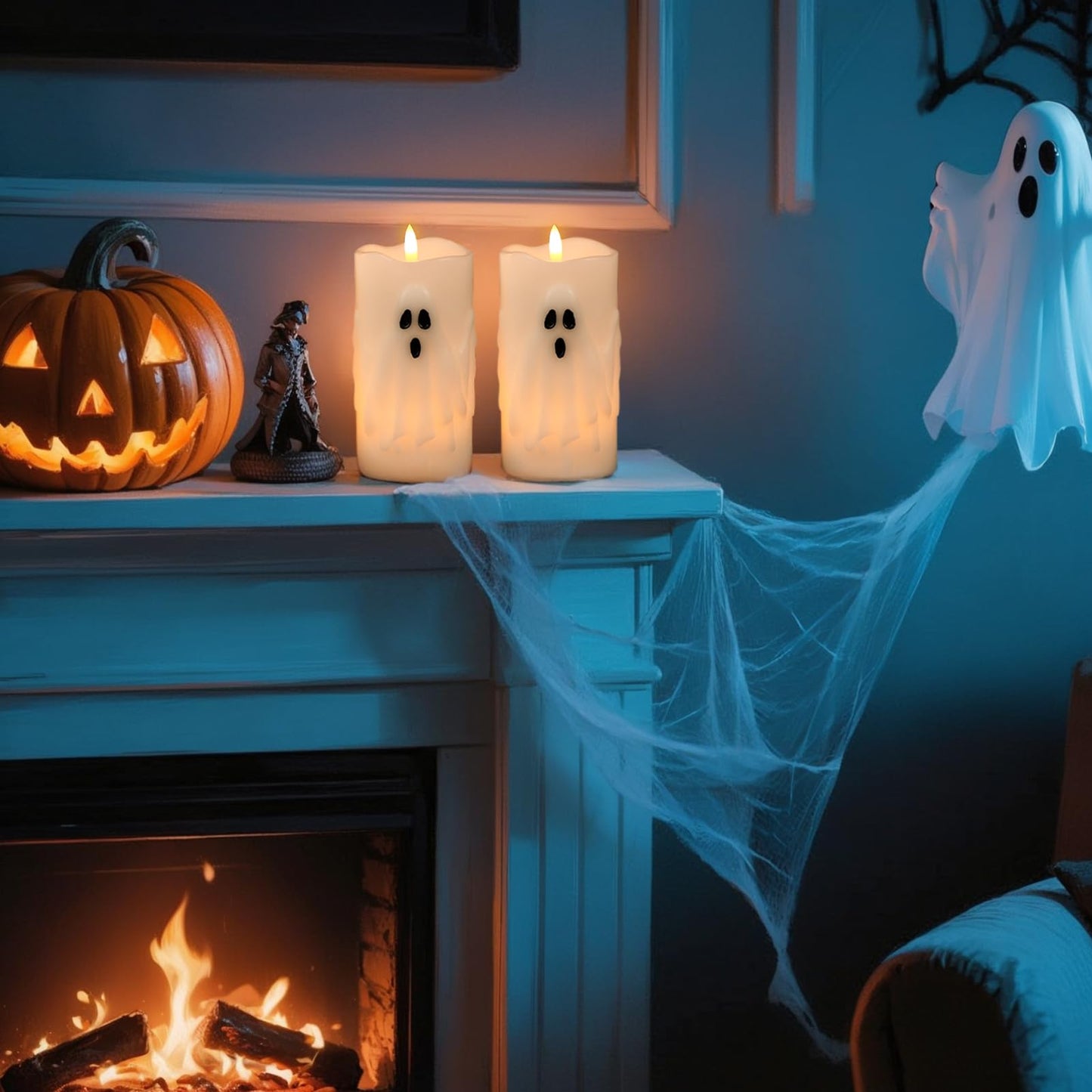 Eldnacele Spooky Ghost Halloween Flameless Candles Battery Operated with Remote & Timer Set of 2 LED Flickering Pillar Candles White Real Wax 3D Wick Long Lasting Home Indoor Decor (3" D x 6.5" H)