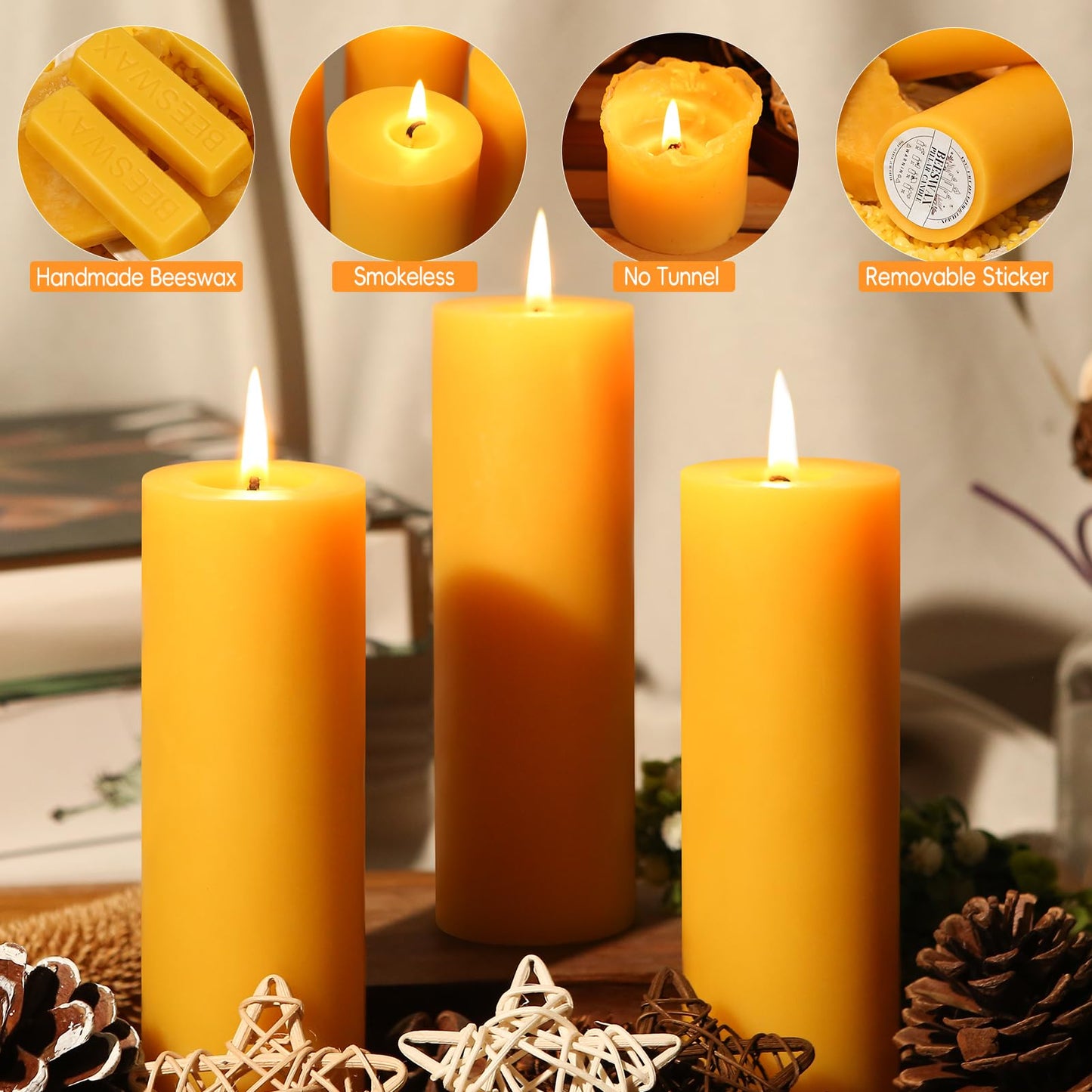 3 Pack Natural Beeswax Pillar Candles 2x6in,360 Hours Long Burning Unscented Beeswax Candles,100% Pure Bees Wax Candles for Home,Emergency,Dripless Pillar Candle Bulk