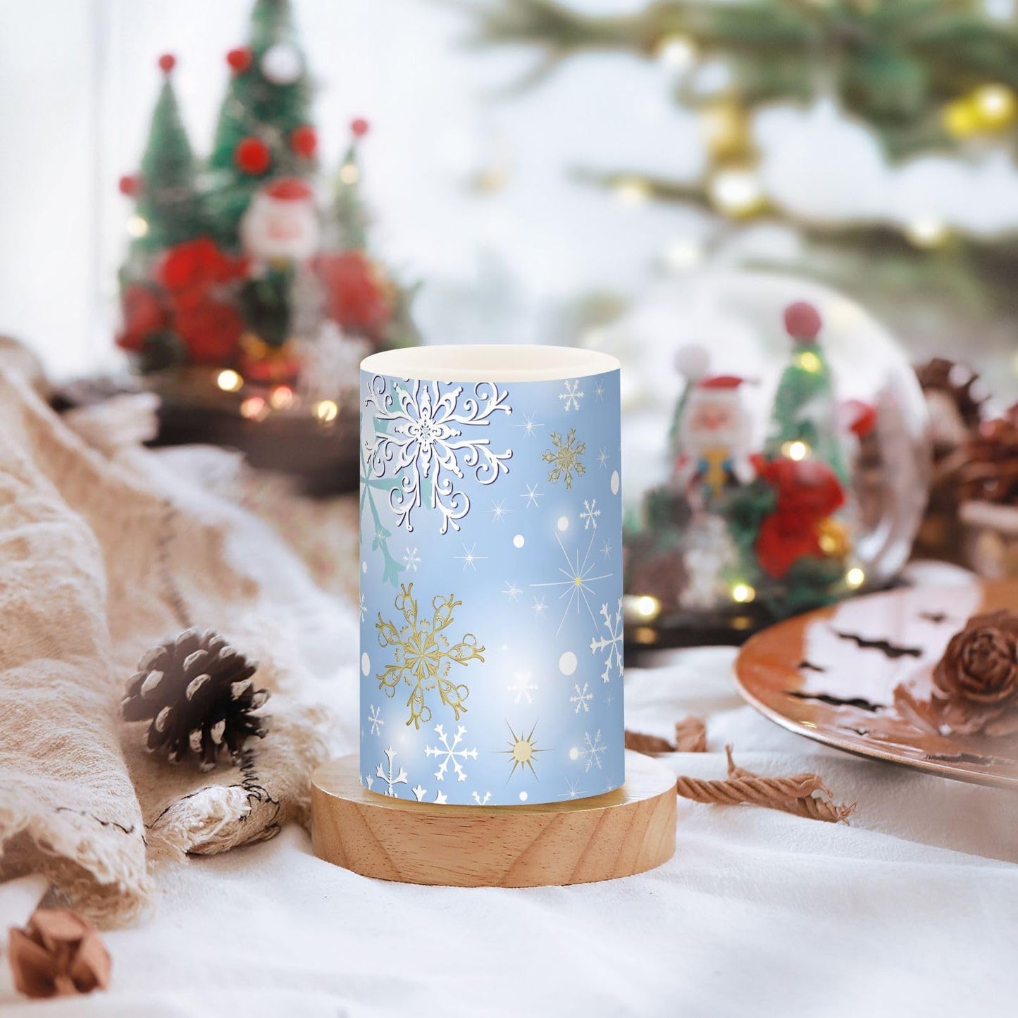 Christmas Lights Decorations Flameless Candles Christmas Silver Snowflake Pillar Candles Set of 2 Battery Operated Remote Control Warm Lights