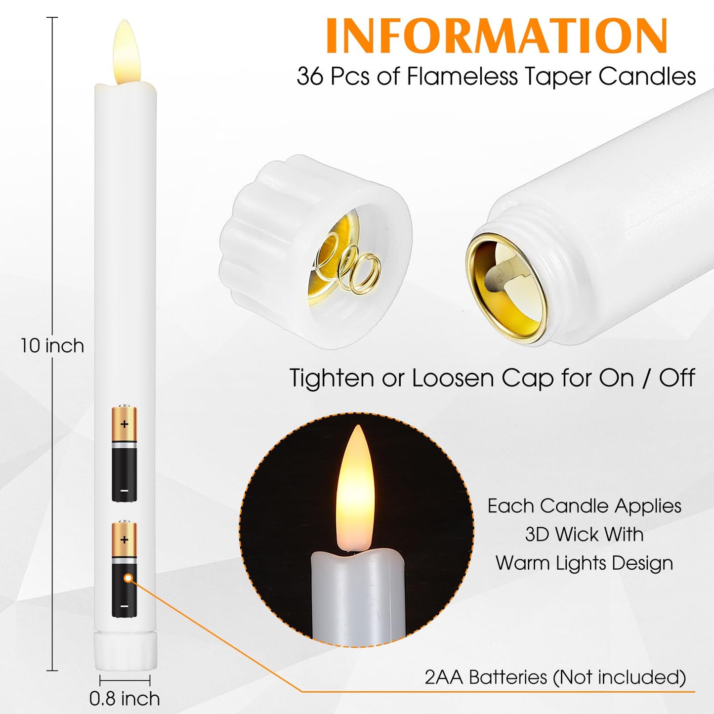 Reginary 36 Pieces Flameless Taper Candles 10 Inch Battery Operated LED Taper Flameless LED Candlesticks Flickering Window Candles for Christmas Home Wedding Decor(White)