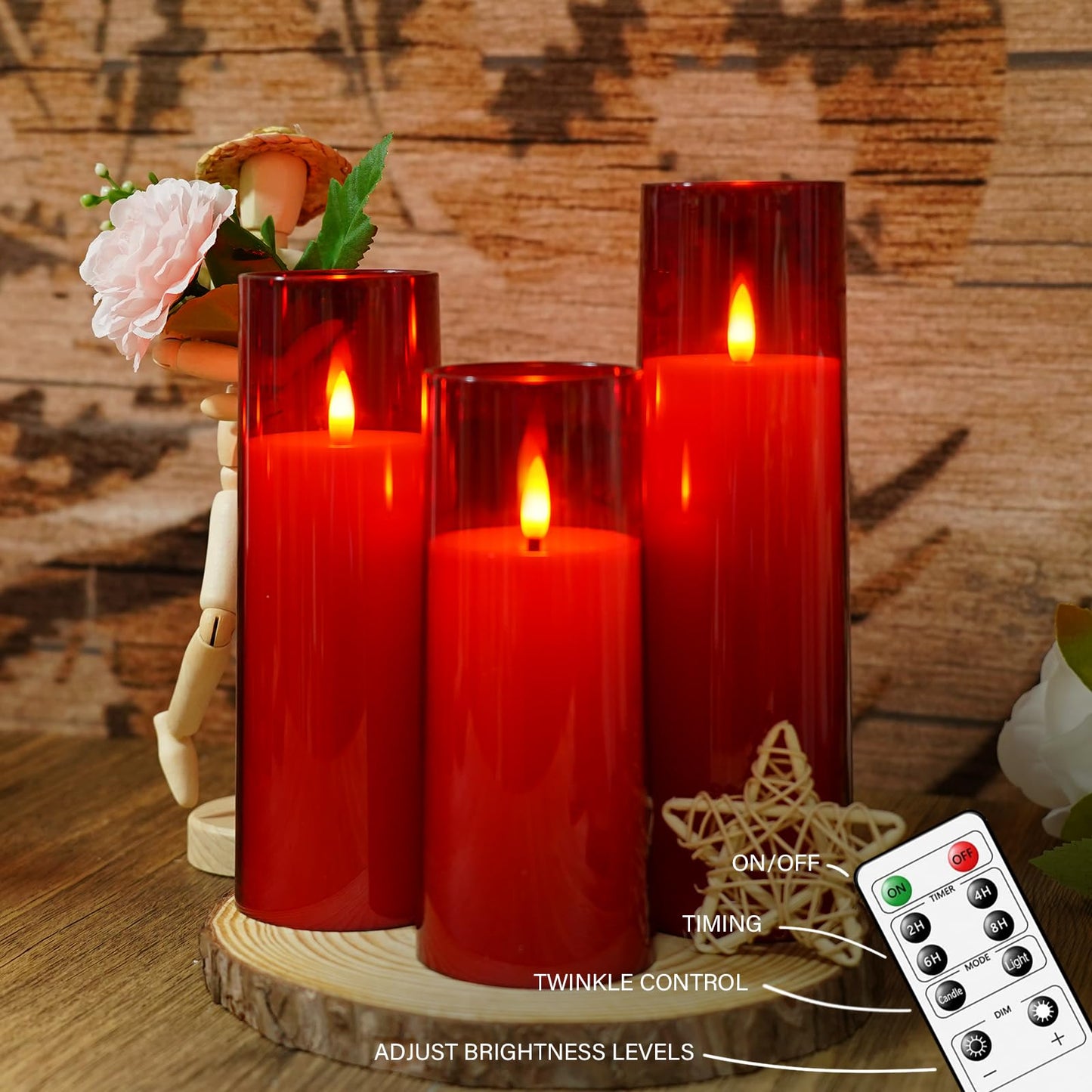 kakoya Flickering Flameless Candles Battery Operated with Remote and 2/4/6/8 H Timer Plexiglass Led Pillar Candles Pack of 9 (D2.3 xH5.5 6.5" 7.5") with Realistic 3D Wick Candles for Home Decor(Red)