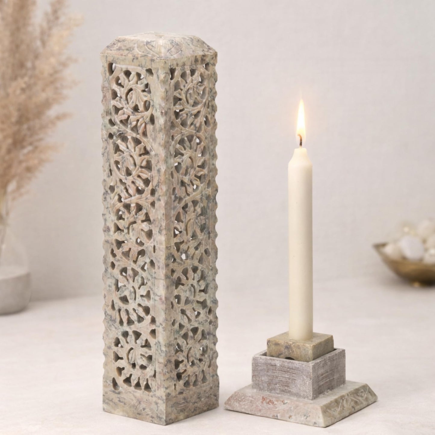 Carry Me Handmade Marble Soapstone Incense Stick Burner | Candle Stick Holder | Tea Light Stand - Perfect Incense Tower for Gifting. Decorative Home and Kitchen Decor (3 x 3 x 11 Inches)