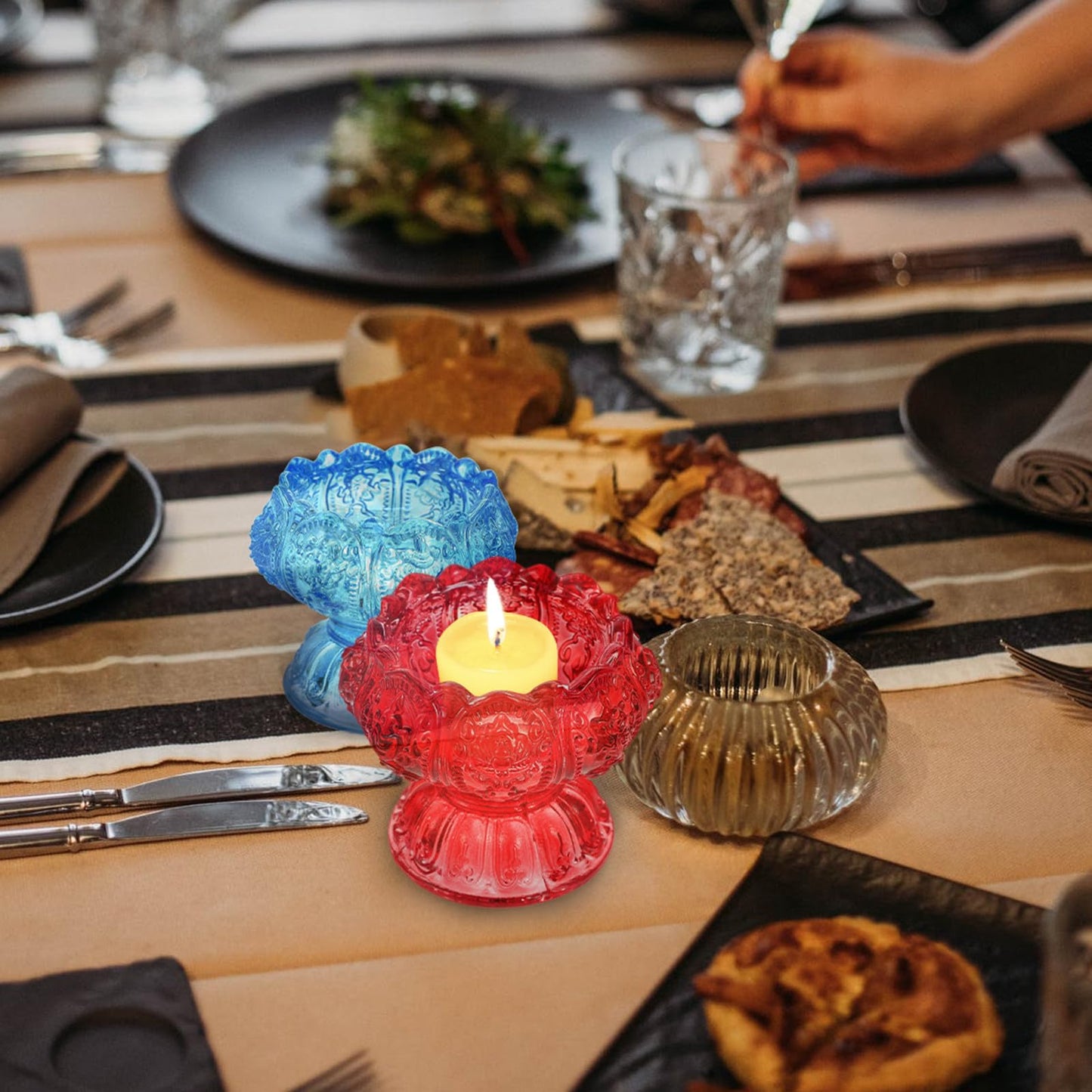 POPETPOP Butter Lamp Candleholder Set, 3pcs Small Blue Red Pink Glass Crystal High Base Candle Holders for Buddhist Rituals and Home Décor Desktop Adornment