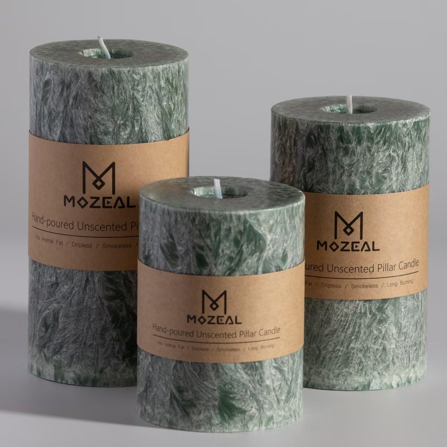 MOZEAL Hand-Poured, Unscented Green Crystal Pillar Decorative Candles, Elegant Set of 3 in Different Sizes (3"x4", 3"x5", 3"x6"), Luxurious Décor for Christmas Homes & Events