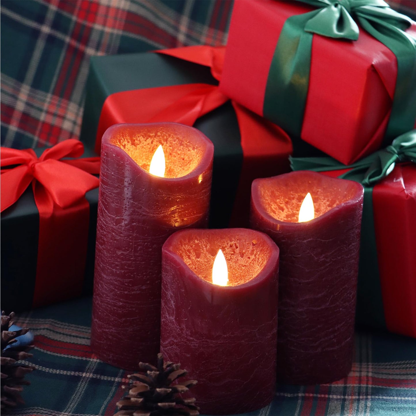 EZiKitchen Flameless LED Candles Set of 3 (D 3’’ x H 4’’ 5’’ 6’’) Real Wax Battery Operated Candle with Timer Home Decorative Pillar Flickering Lights,Wedding Party Events Decor,Burgundy