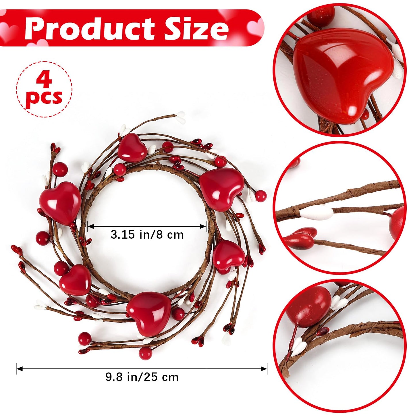 4 Pcs Valentine Candle Rings, Wreaths Red Heart and Berry Candle Holder Rings, Inner Diameter 3.2 Inch Candlestick Decoration for Valentine's Day Wedding Table Centerpieces