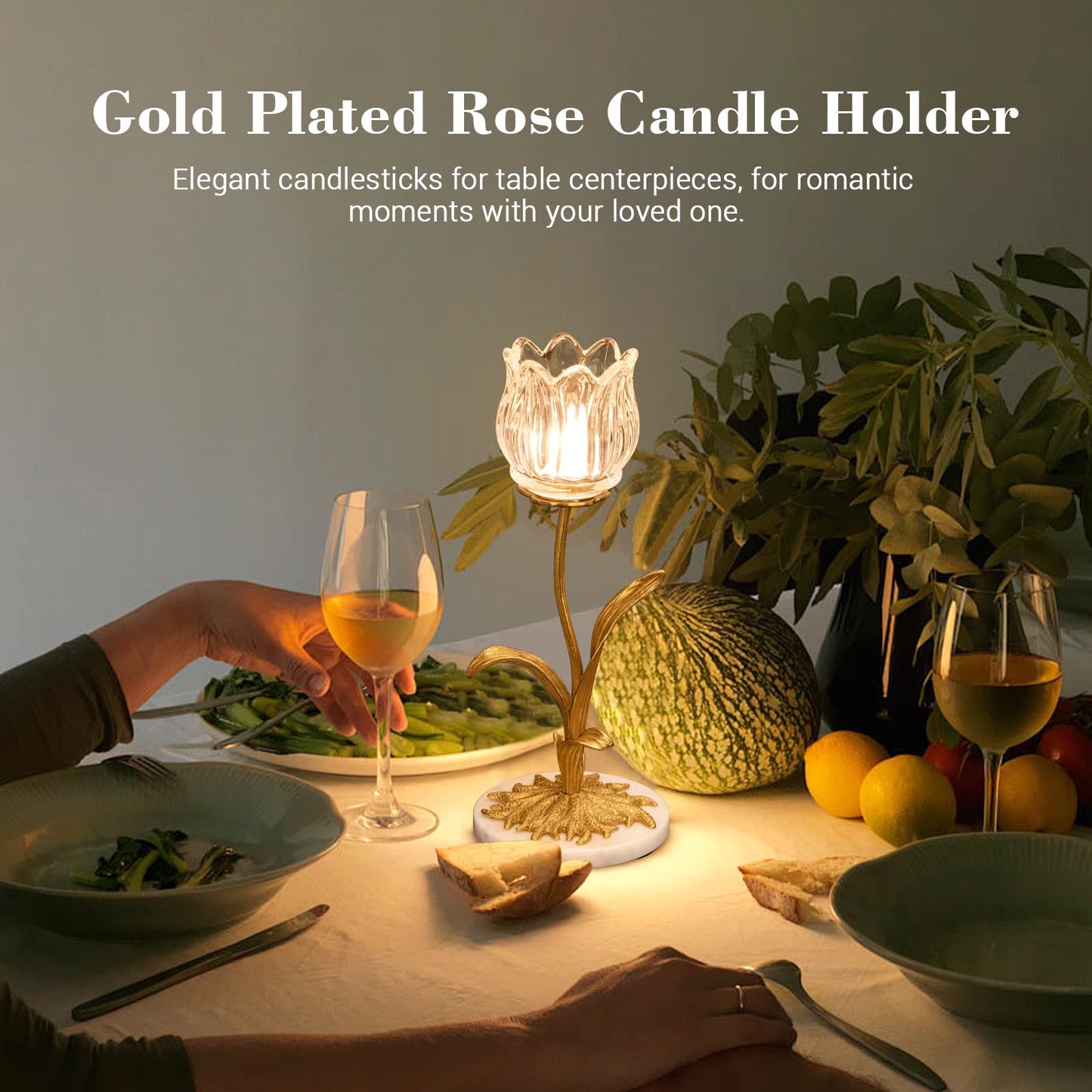 Anpdasi Candle Holder, Cut Rose Shaped Brass Candle Holder High-end Light Luxury Creative Art Crystal Glass Flower Candle Sticks Holder Decor Marble Disc Base Romantic Ambiance Table Decoration