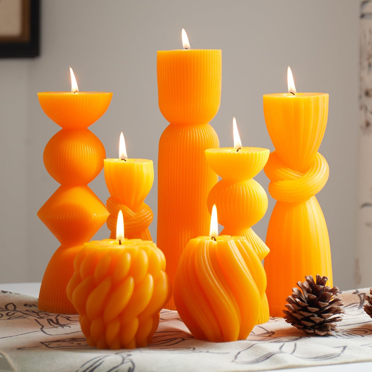 7 Pcs Large Ribbed Pillar Candles - Handmade Soy Wax Candles for Home Decor, Modern Shelf Decor, Housewarming Gift, Aesthetic Room Decor (Orange)