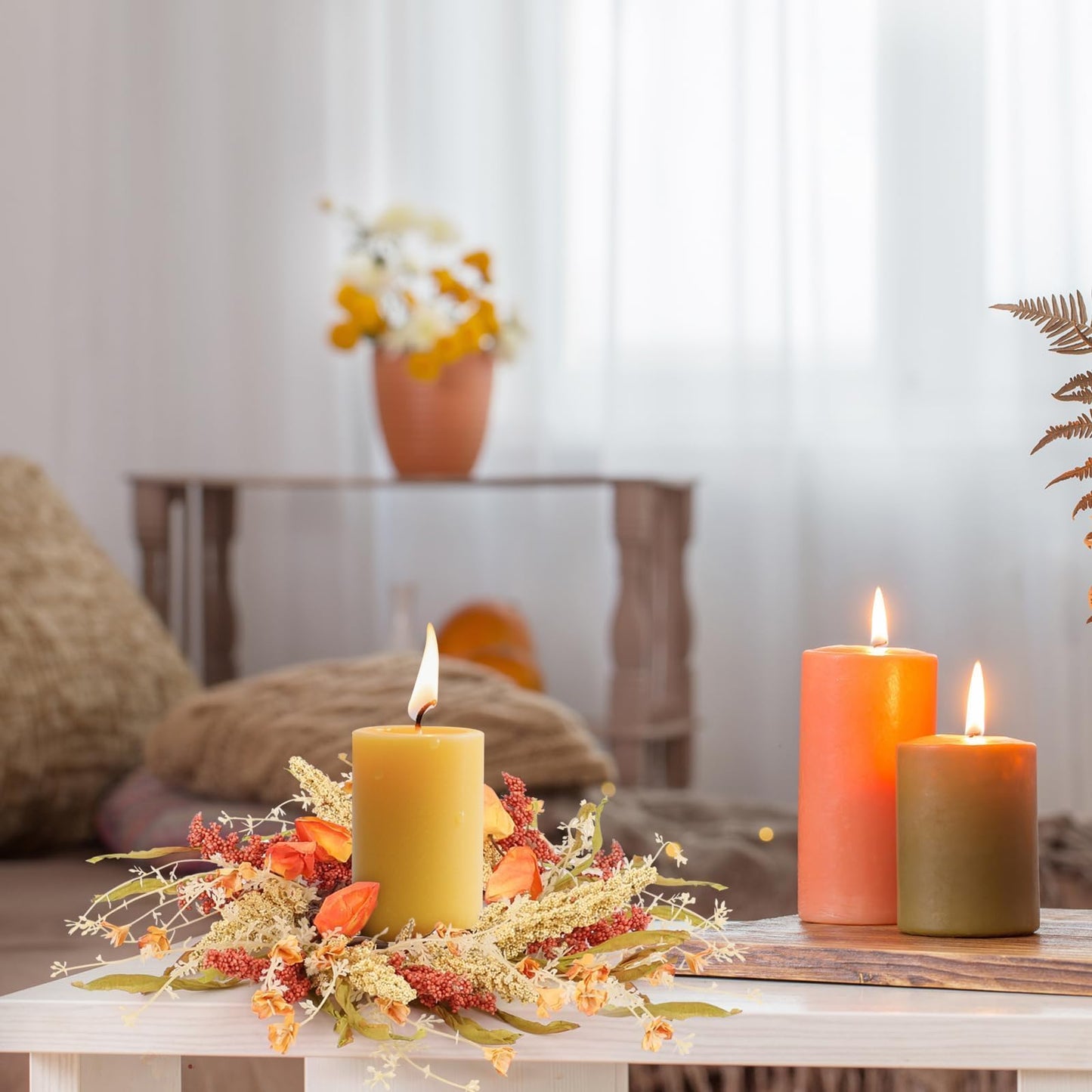 6 Pcs Fall Candle Rings 9 inch Thanksgiving Autumn Wreaths with Flowers for Tables Artificial Farmhouse Candle Rings Wreath for Front Door Porch Wall Window Decorations