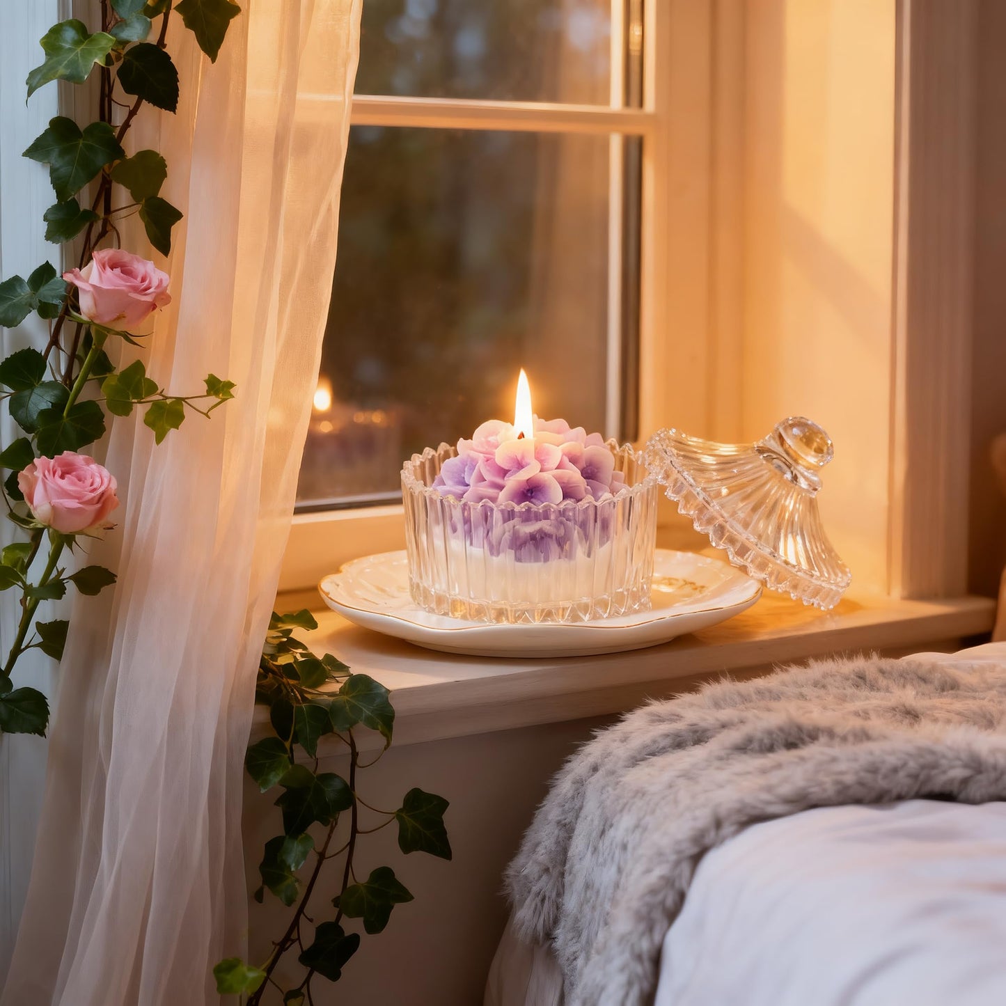 Hydrangea Flower Scented Candle in Glass Jar,230G Realistic Purple Flower Design,Natural Soy Wax Essential Oils Aroma Decorative Candle for Valentine's Day,Mother’s Day Gift & Aesthetic Spaces