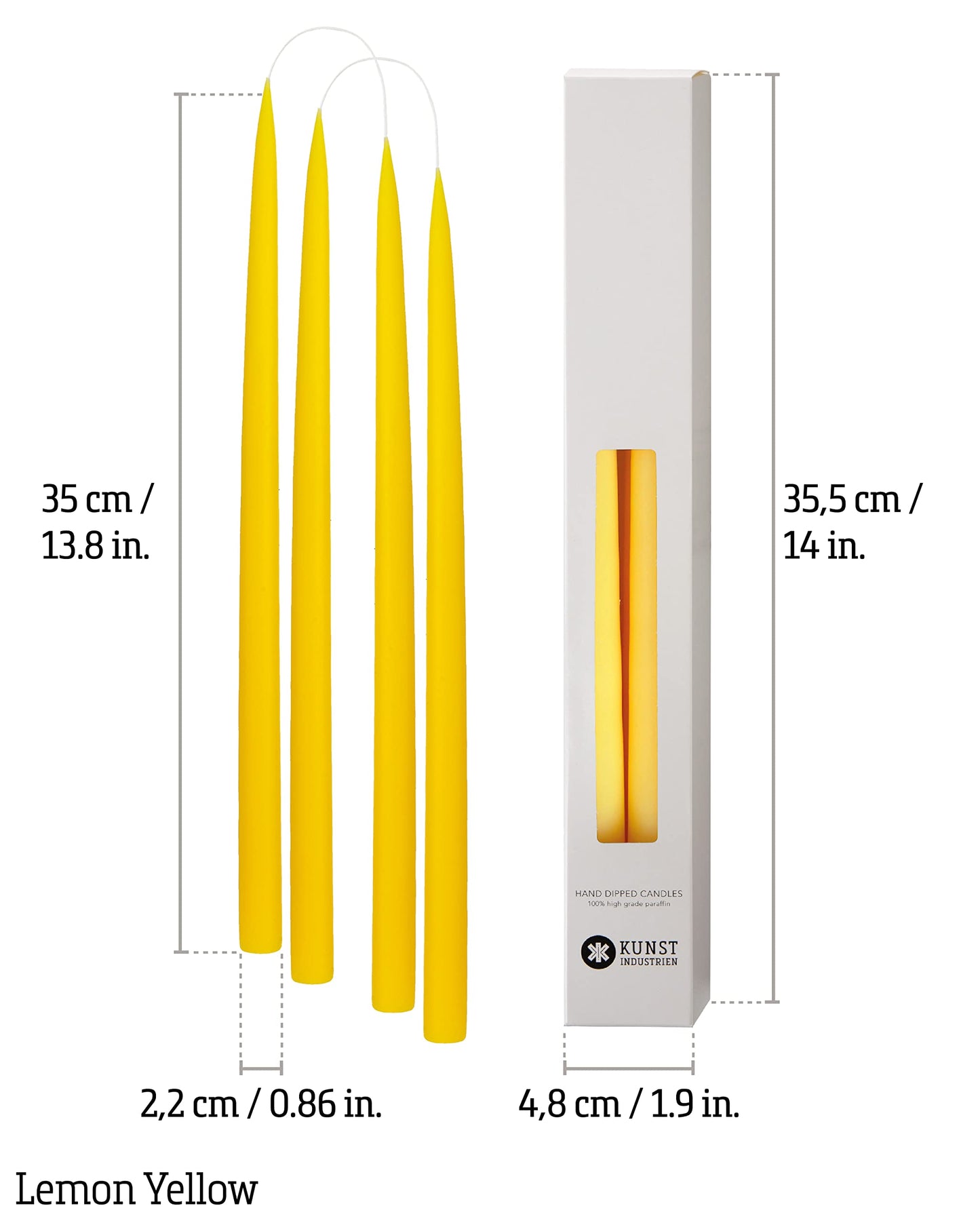 Kunstindustrien® Taper Candles – Set of 4, 13.8" – Made in Denmark, Long Burning Candles 15h, Unscented & Smokeless Candlesticks – Elegant Tall Candles for Weddings Dinners & Home Decor (Lemon Yellow)