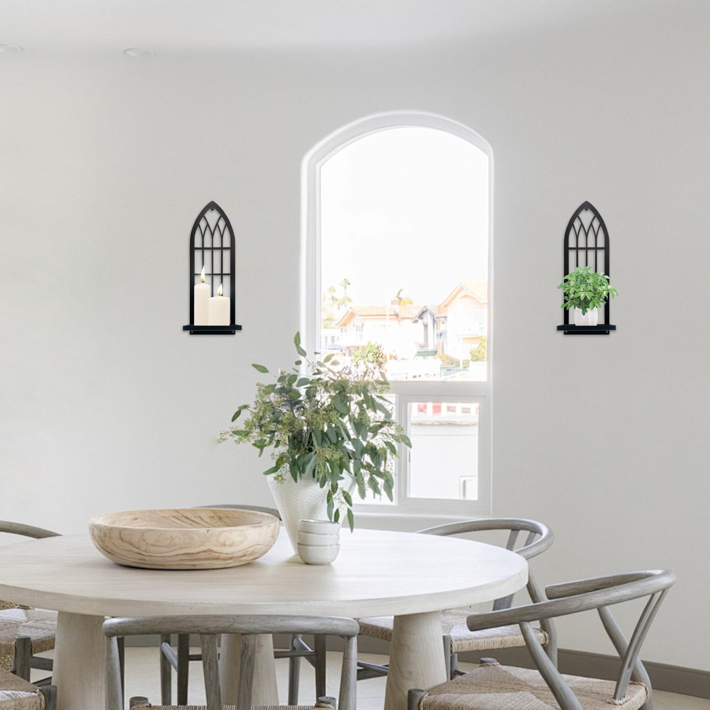 Gothic Wall Sconces Set of Two Candle Holder, Black Metal Gothic Wall Decor, Arched Church Wall Sconces, Rustic Farmhouse Home Wall Art Decor for Living Room, Bathroom, Bedroom, Dining Room(Arched)