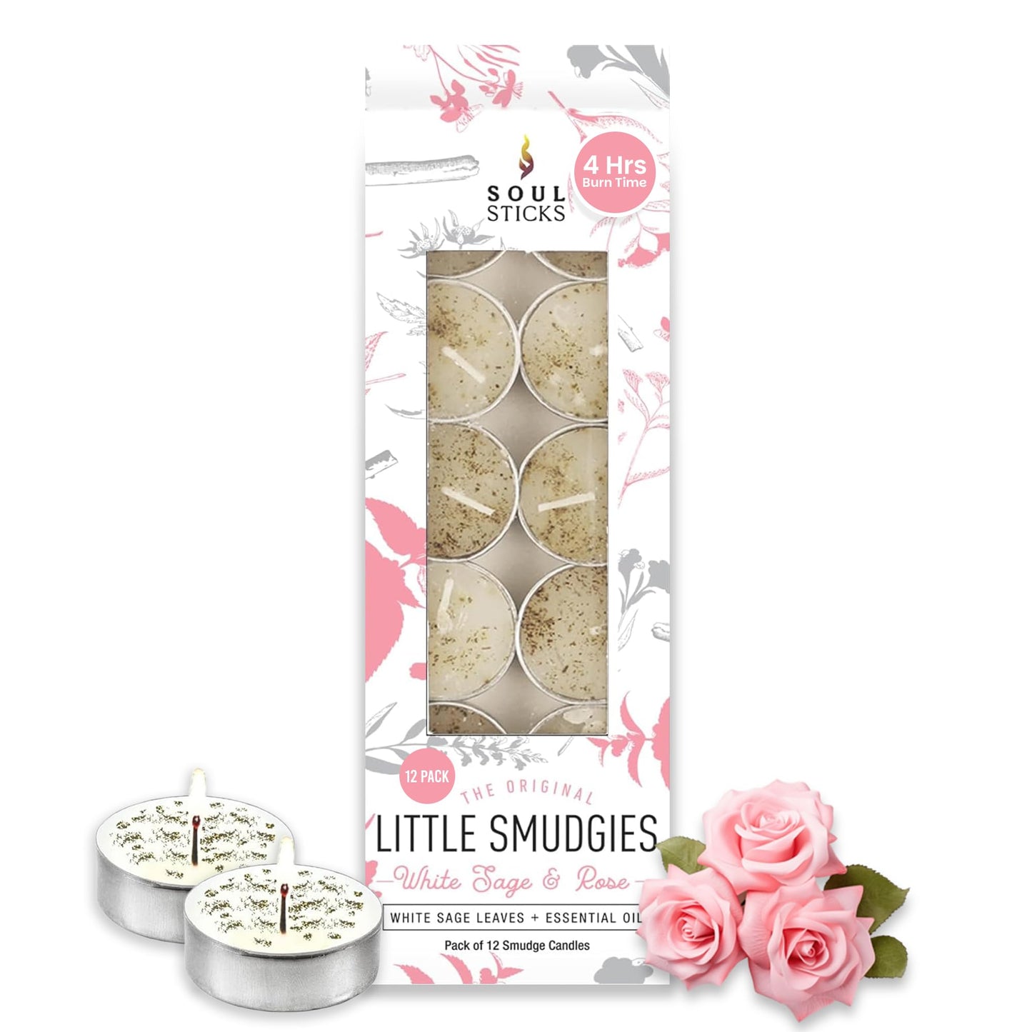 SOUL STICKS 12 Pack Little Smudgies Tealight Candles Smudge Candle for Cleansing House, Meditation, Chakra Healing | Made with Crystals and Herbs (White Sage & Rose)