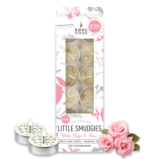 SOUL STICKS 12 Pack Little Smudgies Tealight Candles Smudge Candle for Cleansing House, Meditation, Chakra Healing | Made with Crystals and Herbs (White Sage & Rose)