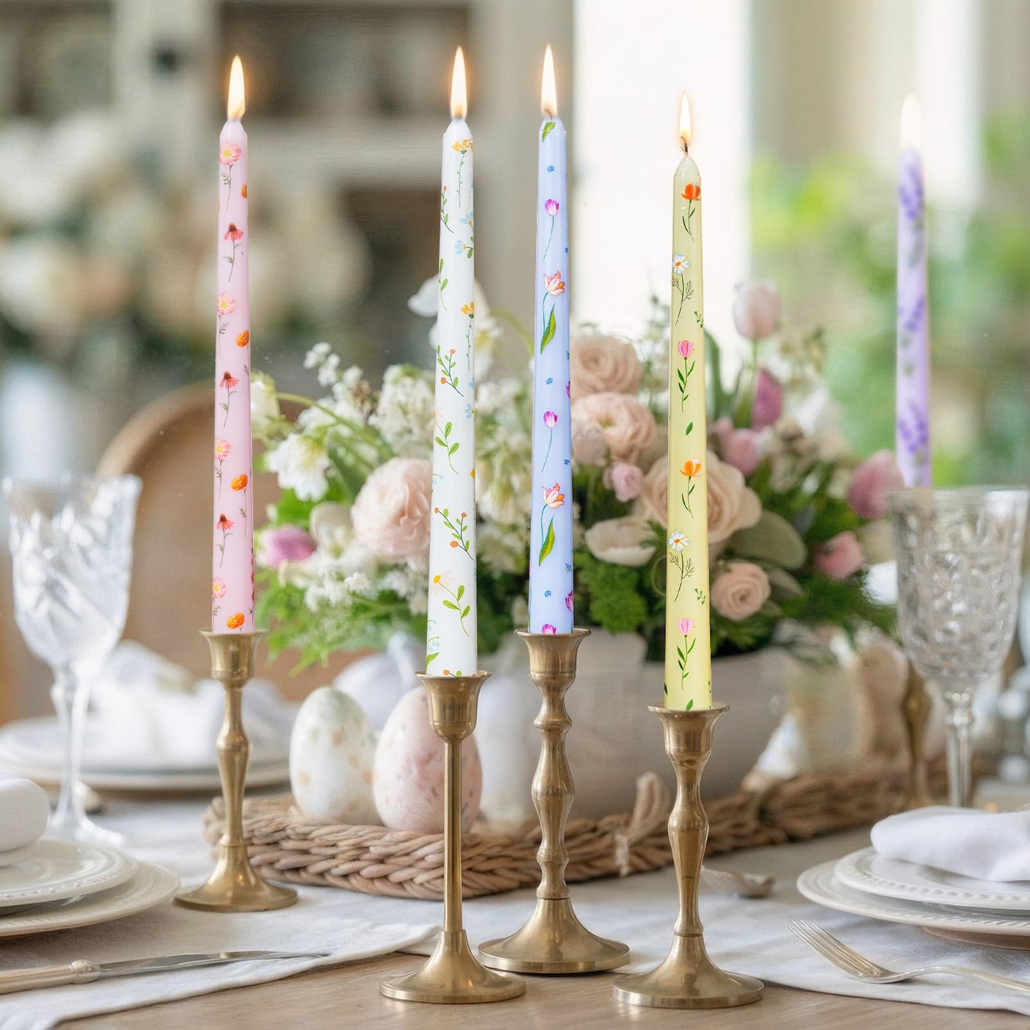 Conelist 12 Pcs 9.8" Floral Long Taper Candles Pastel Flower Candlesticks Tall Smokeless Unscented Decorative Tapered Candles Gifts for Christmas Wedding Home Dinner Party Decorations