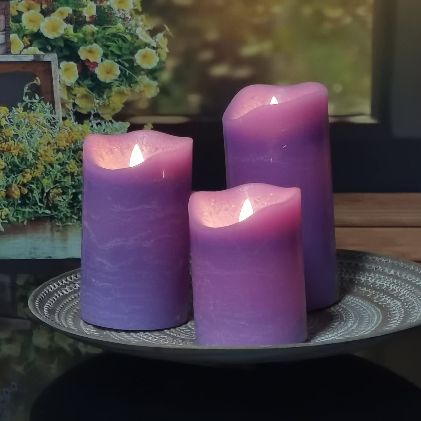iZAN 3 Pack Real Wax Flameless Candles Battery Operated LED Pillar Flickering Realistic Electric Candle Gift Sets with Remote Control and Cycling 24 Hours Timer 3”D X 4" 5" 6" H (Purple)