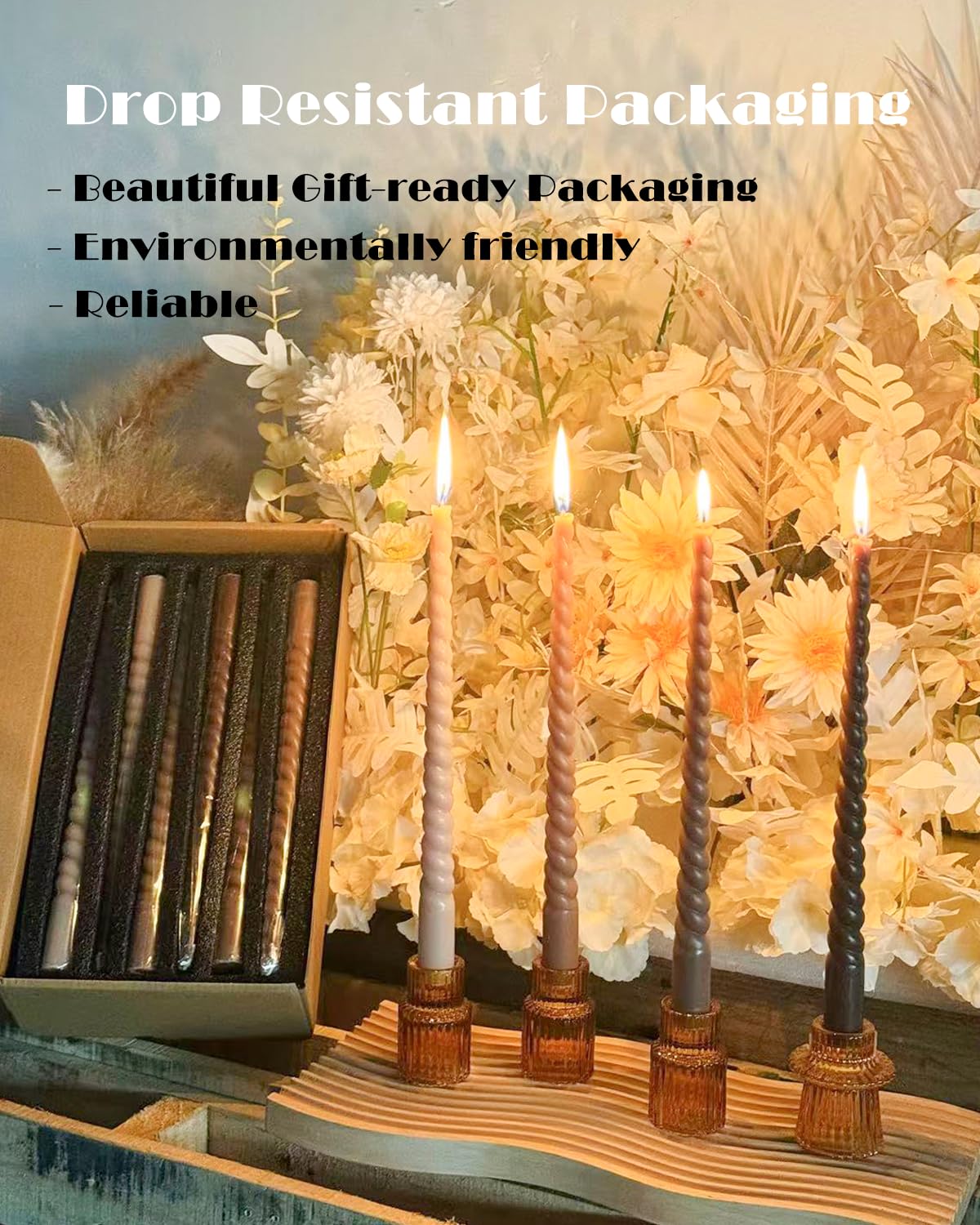 LPUSA Brown Tall Taper Candles 12 inch Unscented Smokeless Long Spiral Tapered Candle for Candlesticks Sticks Wedding Advent Home Decor Dinner Christmas，Set of 12,Spiral