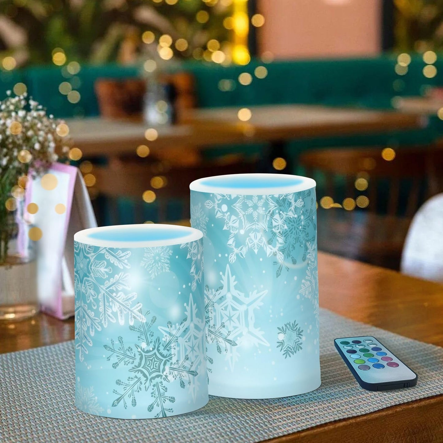 Christmas Lights Decorations Flameless Candles Silver Winter Teal Turquoise Snowflakes Christmas Pillar Candles Set of 2 Battery Operated Remote Control Warm Lights