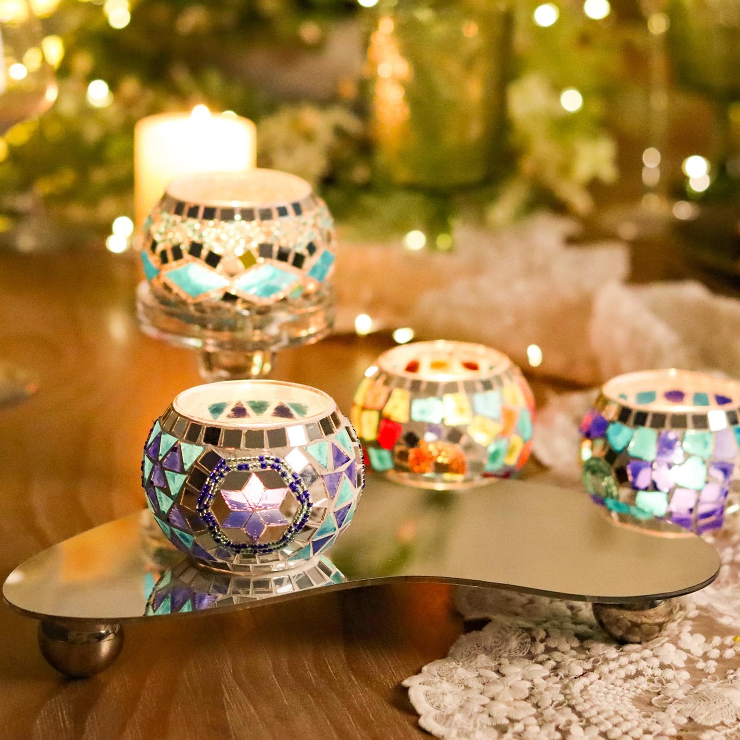 4PCS Mosaic Tealight Candle Holder Set - Blue Mediterranean Glass Votive Candle Holder for Summer Ocean Decor & Diwali Decorationr & Diwali Gift