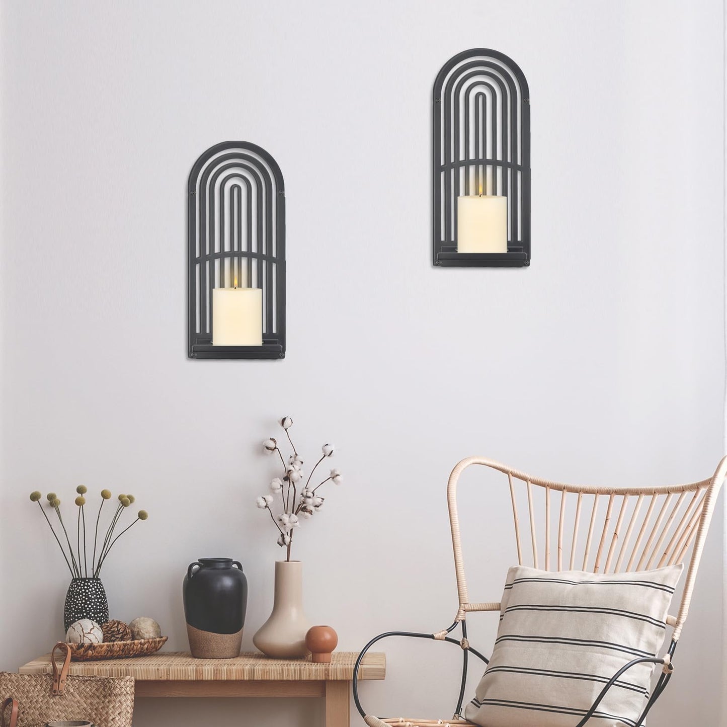 OYEFLY 2Pcs Metal Wall Hanging Candle Sconces,Black Boho Wall Shelves Candle Holders (Black)