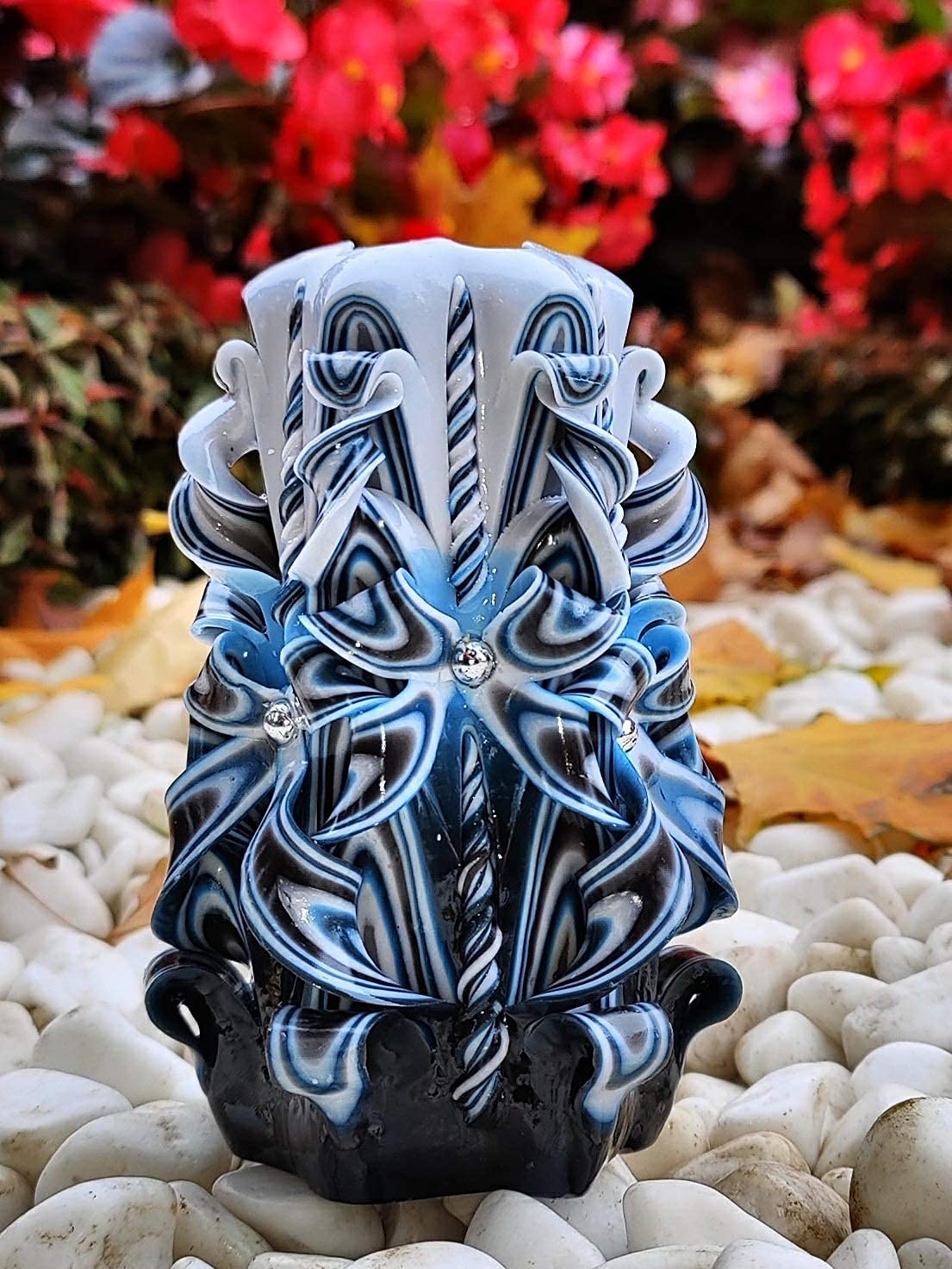 Handmade Carved Candle - Surprise Gift For Her - Decor Birthday Halloween Thanksgiving Christmas - Spiritual Living Room Home Decor Candles - Unique Engagement Wedding Idea - White Blue - Ordagio