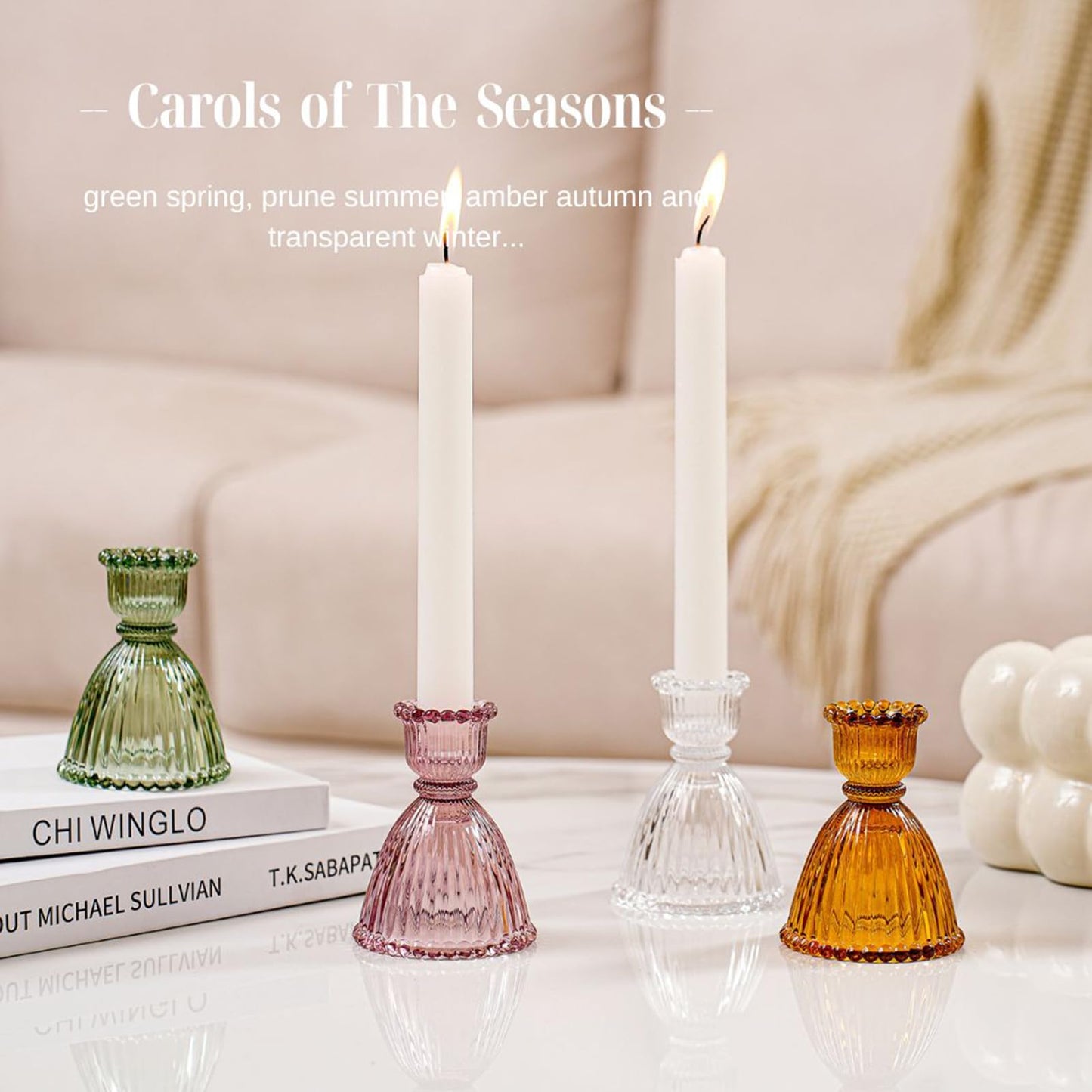 Amanman Candle Stick Candle Holders, 2024 Mixed 4pcs Candle Holder for Taper Candles, Carols of The Seasons 4colors Glass Candle Holders for Table Centerpiece and Shelves