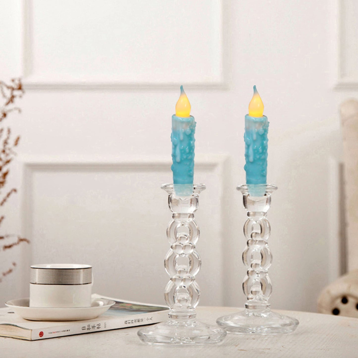 CVHOMEDECO. Real Wax Hand Dipped Battery Operated LED Timer Taper Candles Rustic Primitive Flameless Lights Decor, 4-3/4 Inch, Teal, 3 PCS in a Package