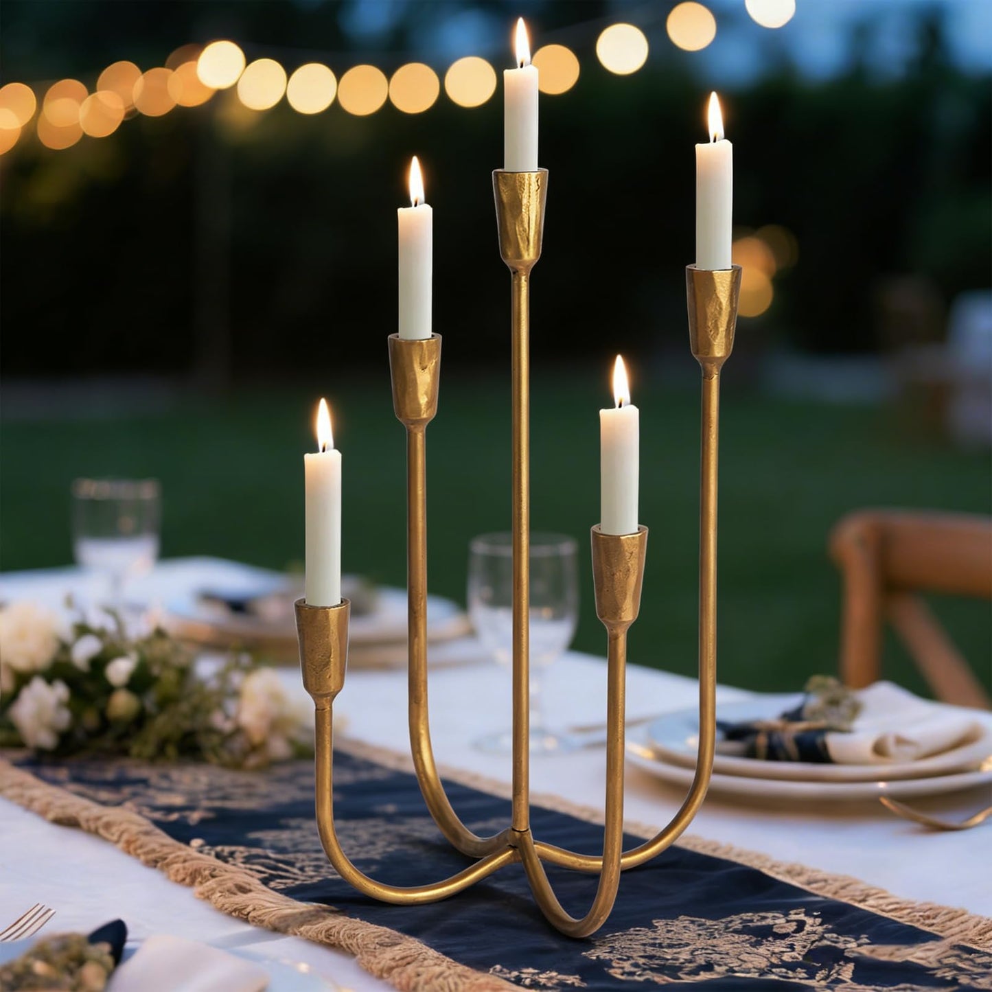 Cast Iron 5-Candle Candelabra Centerpieces for Tables, Gold Candle Holders Wedding Event 17.6 inch Tall Hand-Forged Candlestick Holders for Dining Room, Living Room or Mantel