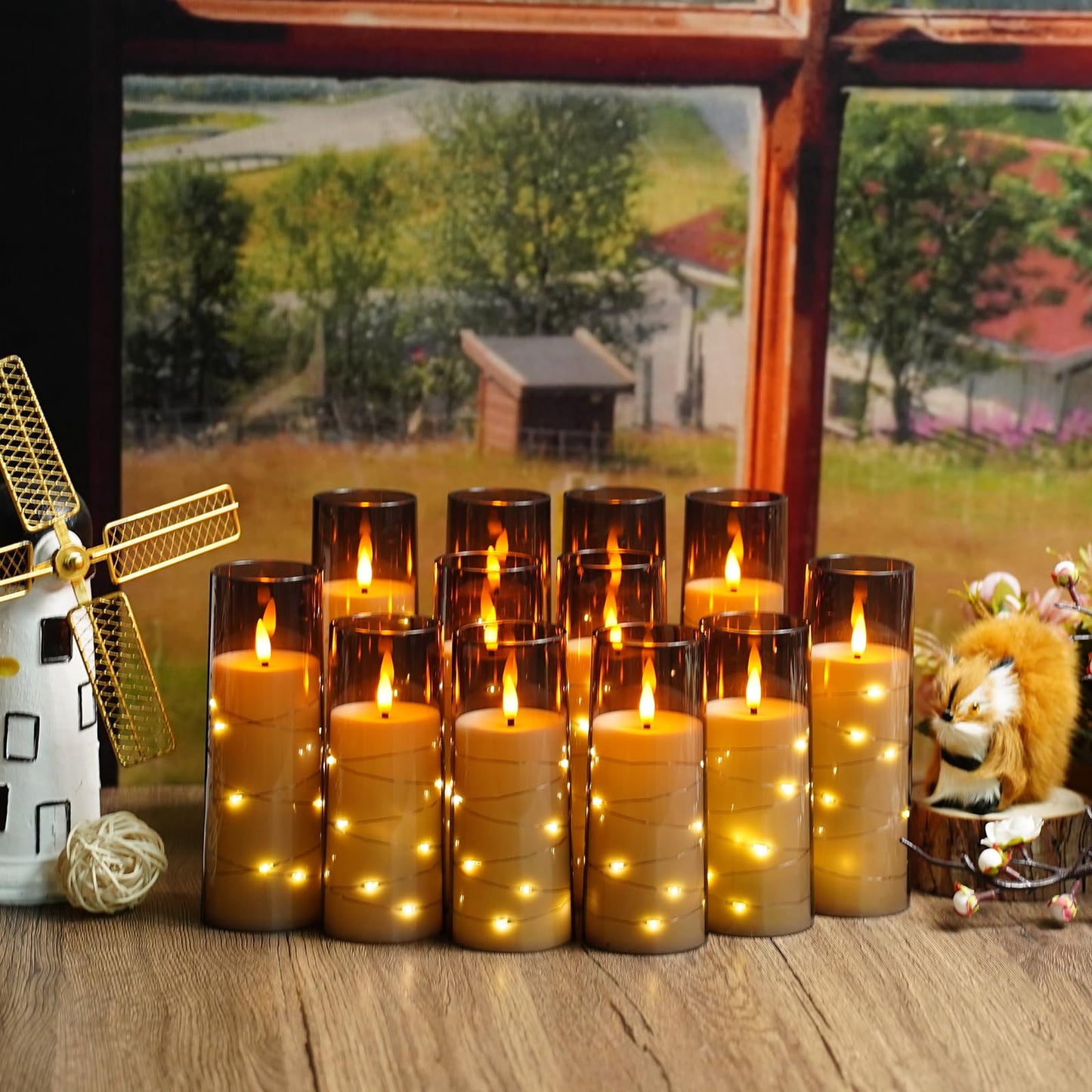 Flameless Candles with Embedded Star String, 12 Pcs Battery Operated LED Pillar Candles with Remote and Timer, Suitable for Home Decor, Party, Christmas & Wedding (Grey)