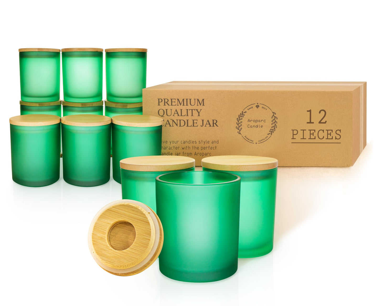 Aroparc Bulk Candle Jars for Making Candles, 10 OZ Empty Tumbler with Bamboo Lids, 12 Pack Bulk Candle Containers - Dishwasher Safe, Green Frosted