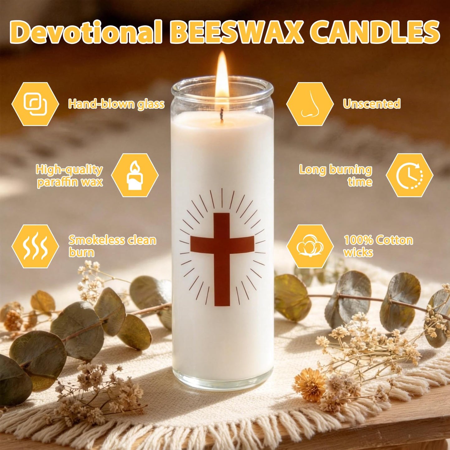 Trxvxo 6 Pack White Prayer Candles, Devotional Candles in Safe Blown Glass Jars with Cross, Long‑Burning Smokeless Catholic Candles for Vigil, Church & Memorials