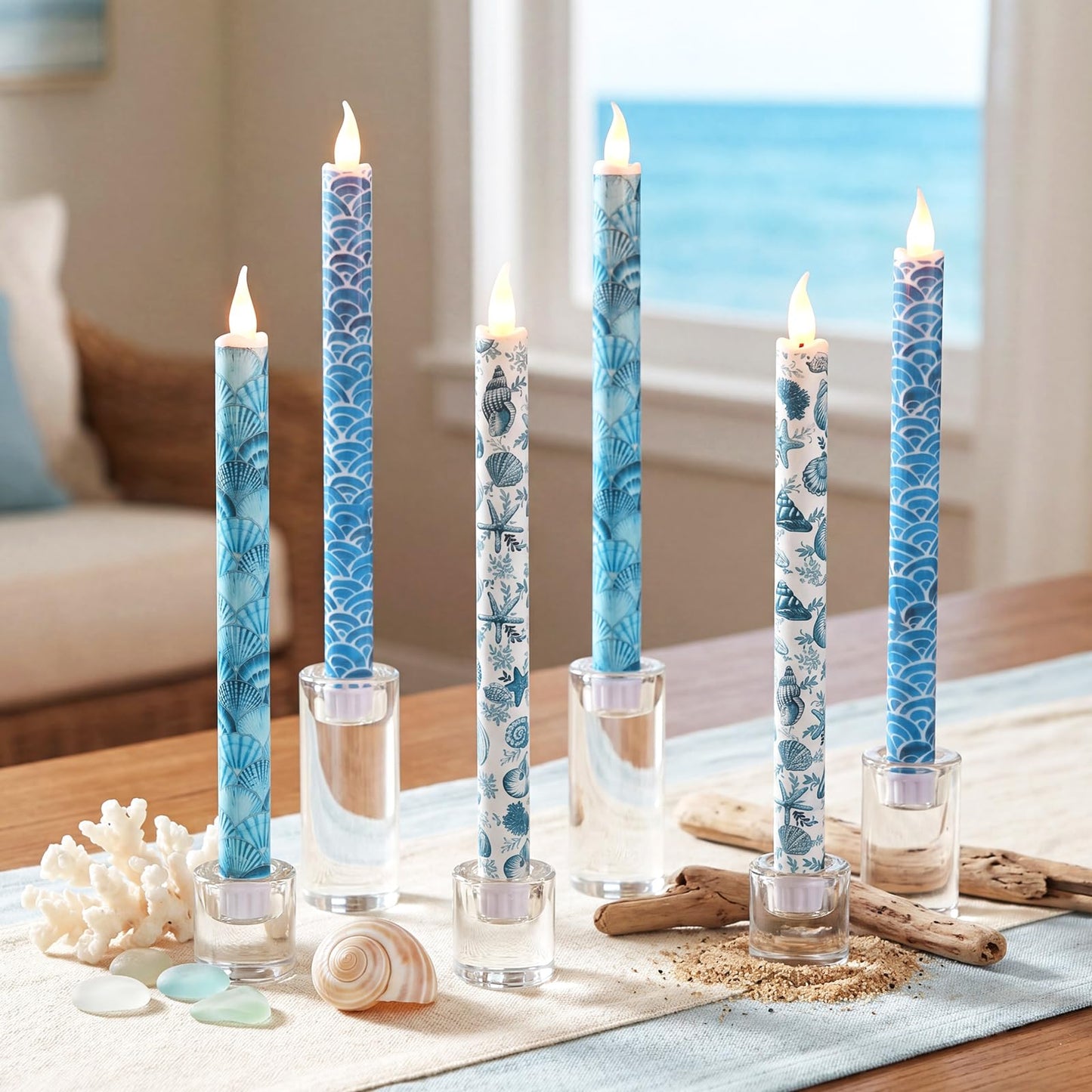 Lyrow 6 Pcs Summer Ocean Flameless Taper Candles with Beach Starfish Seashell 11 Inch LED Candles Flickering Battery Operated Candlesticks for Birthday Seaside Shower Party Summer Table Decor