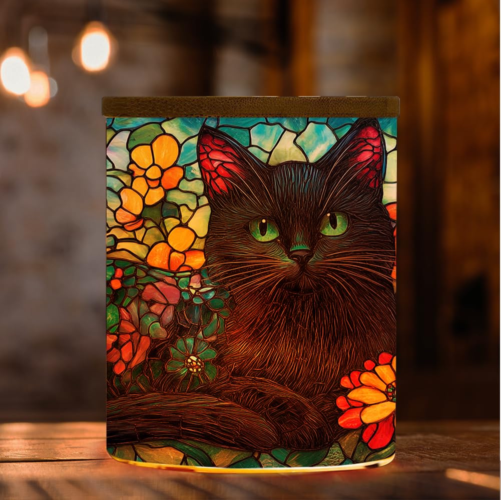 Stained Glass Black Cat Tea Light Holder Candle Jar with Battery Operated, Animal Stained Glass Memorial Candle Holder Sympathy Tealight Holder, Full Wrap Tealight Candle Jar for Home Decor