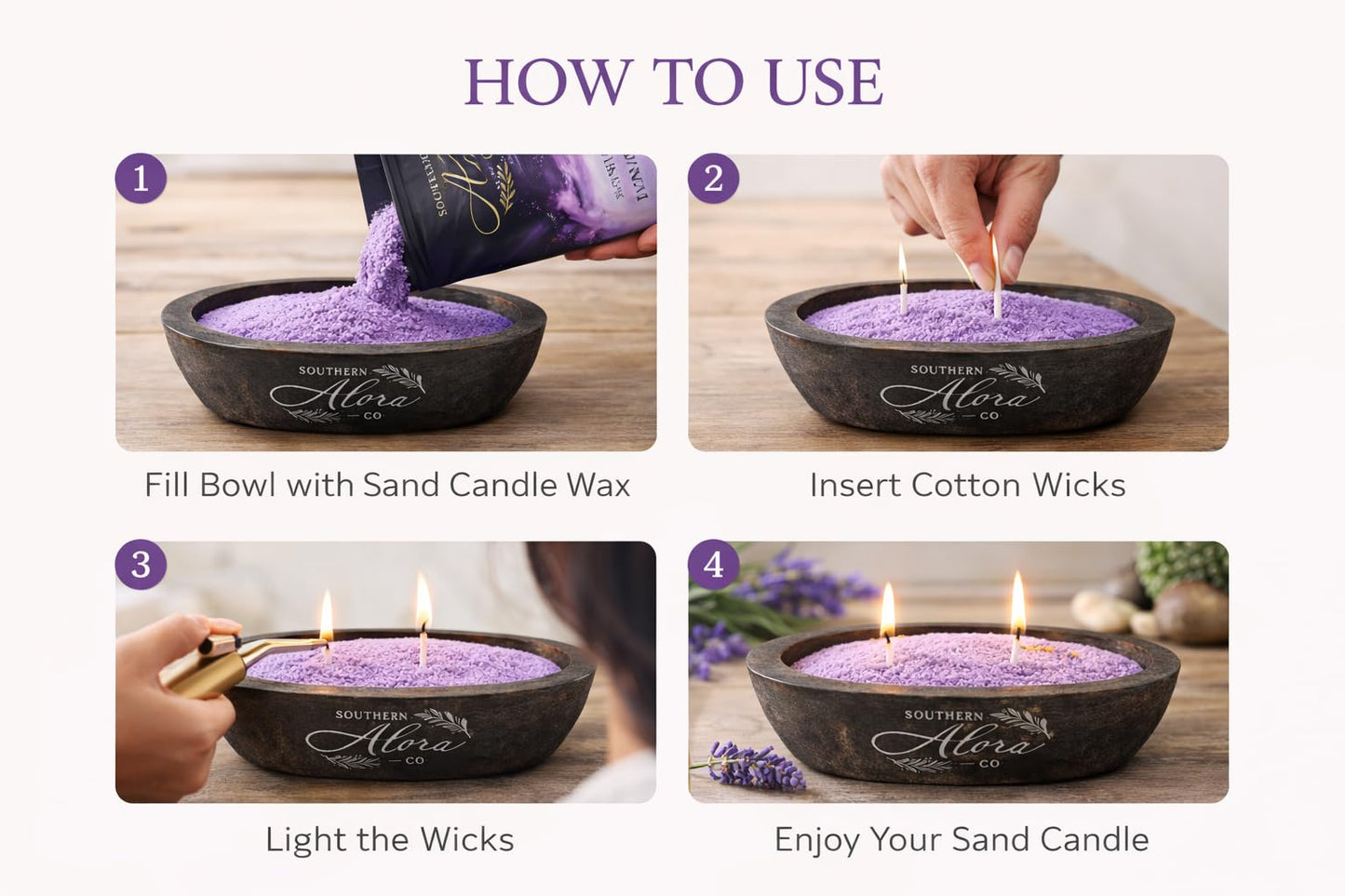 Sand Candle Wax 1 LB – Southern Alora Scented Candle Sand with 10 Cotton Wicks, Refillable & Reusable for Candle Making, Spill-Safe for Bowls & Centerpieces (Serene Lavender Kit with Wood Bowl)