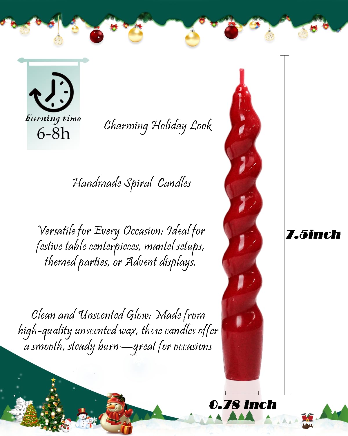LPUSA 7.5 inch Christmas Taper Candles-Green and Red Spiral Candles-Unscented Candle Sticks and Dripless,Christmas decorations-4pcs(Green,Red)