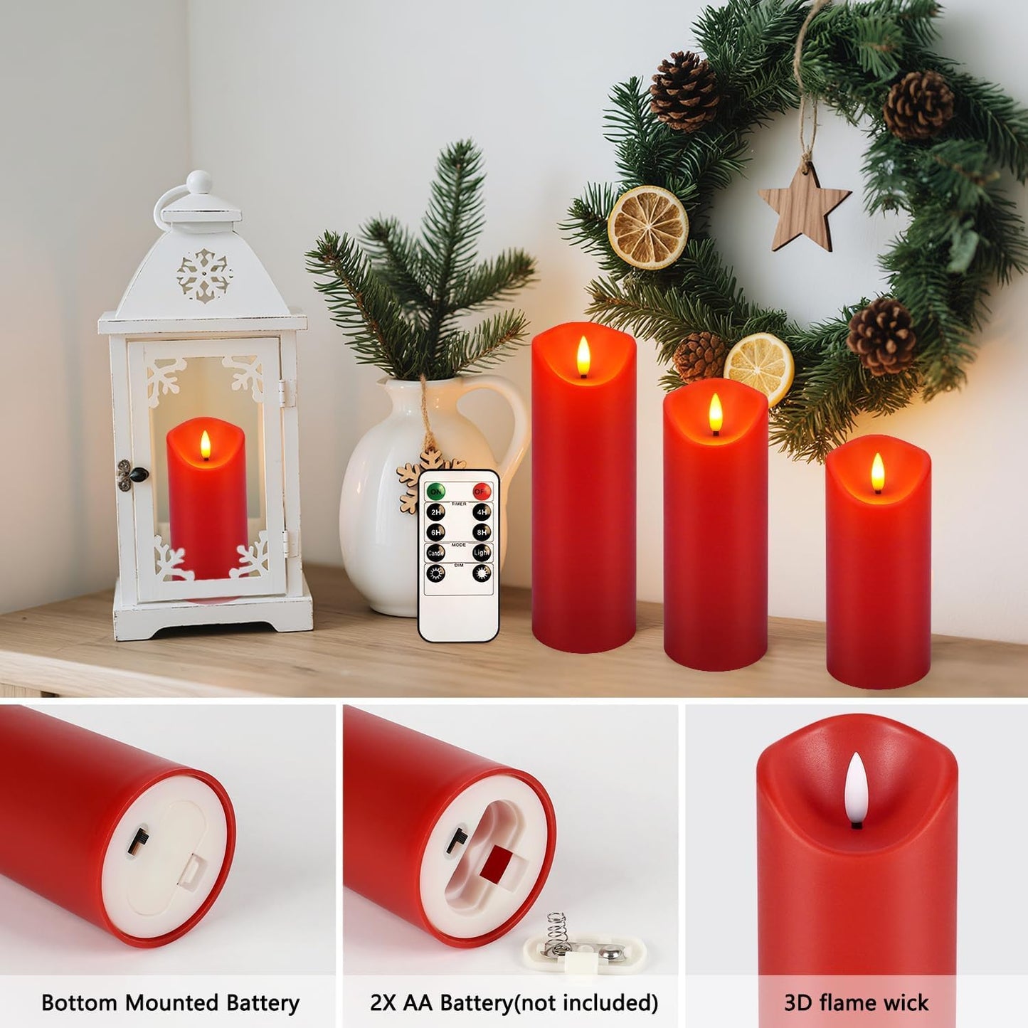 YOROXRG 24 Pack Christmas Decoration Flickering Flameless Candles,LED Candles Battery Operated Pillar Candles with Remote Control.for New Year, Home Decor, Parties,Wedding(D2.2 xH 5" 6" 7" Red)