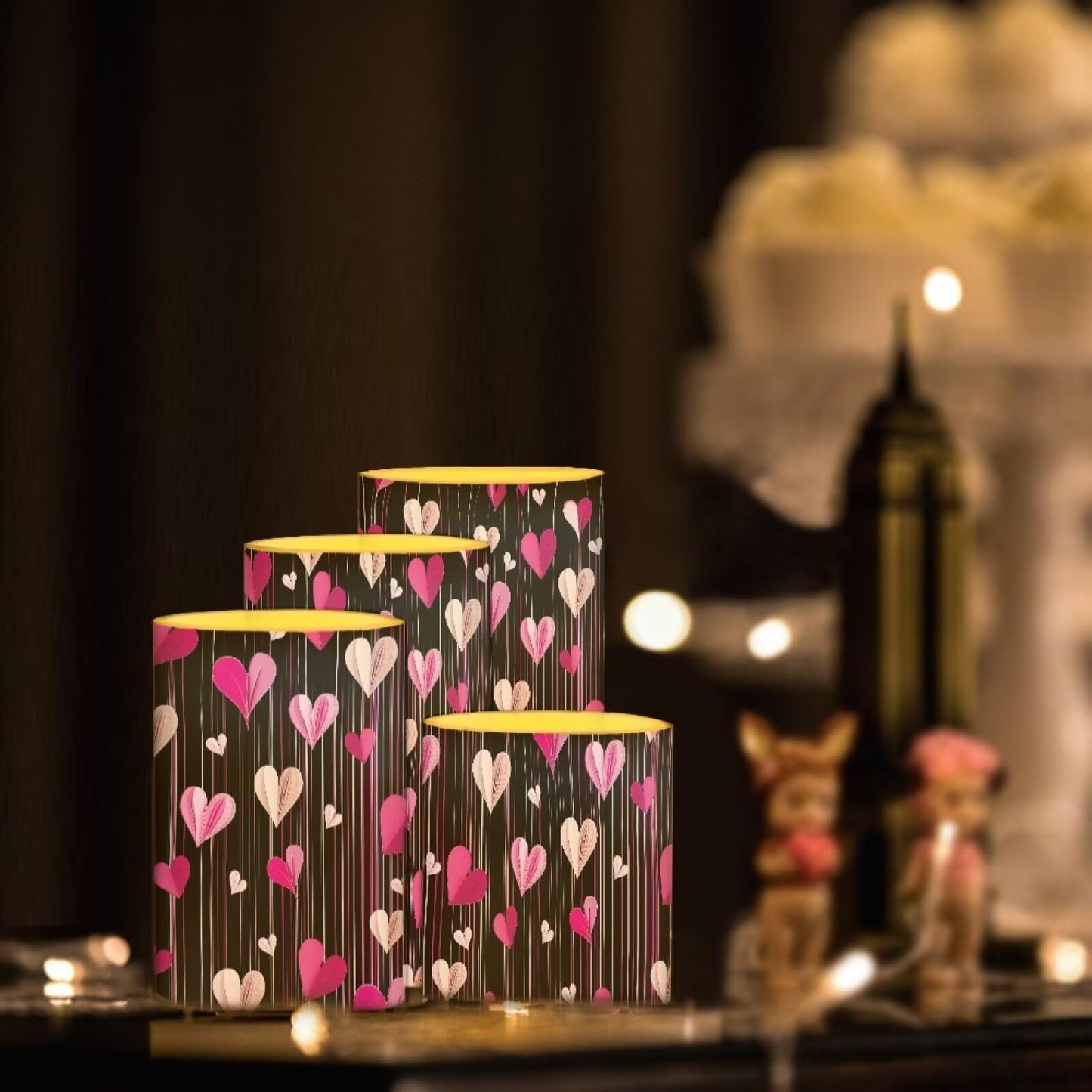 NETILGEN Valentine's Day Decorative Flameless Flickering Candles with Remote Timer Control Battery Operated LED Pillar Candles Set of 4, Sweet Love Hearts