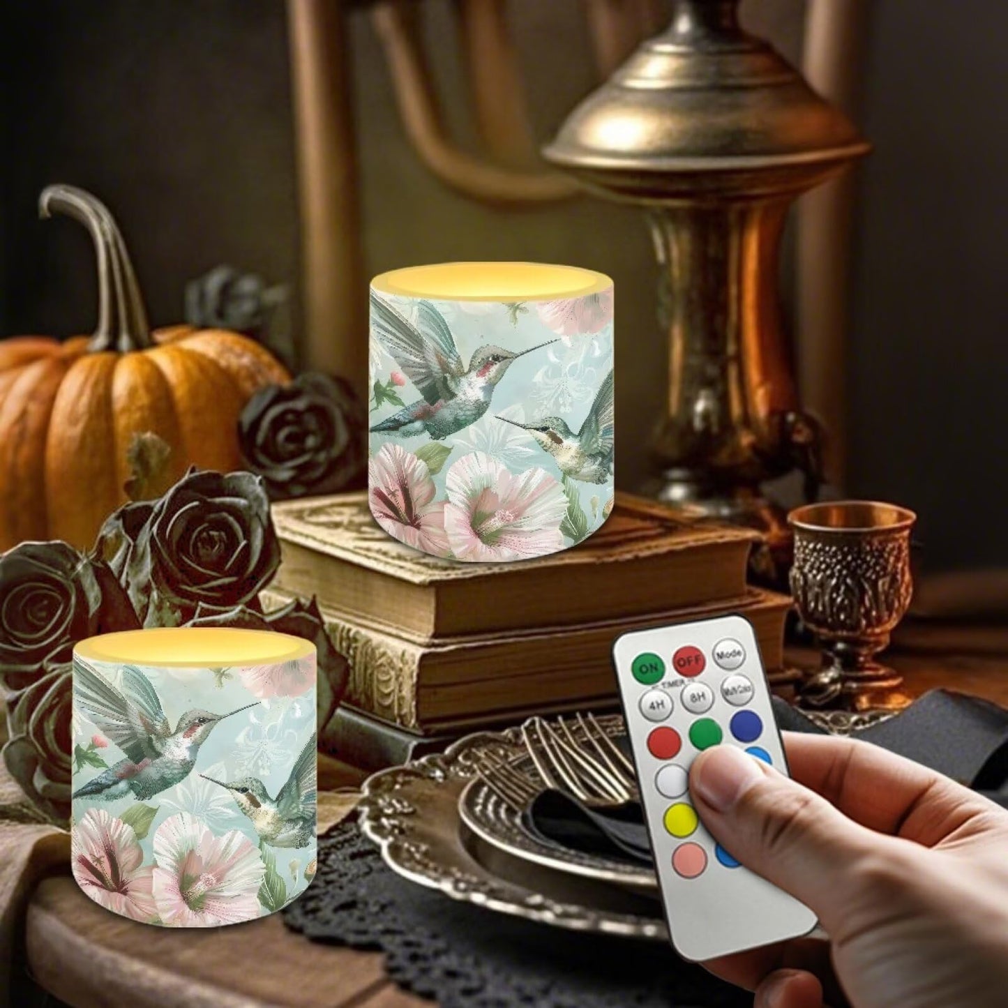 Merkmak 4 Pack Flameless Candles with Remote Battery Operated Pillar Candles with Timer, Boho Floral Hummingbird LED Elictric Tealights for Banquet Home Decorations