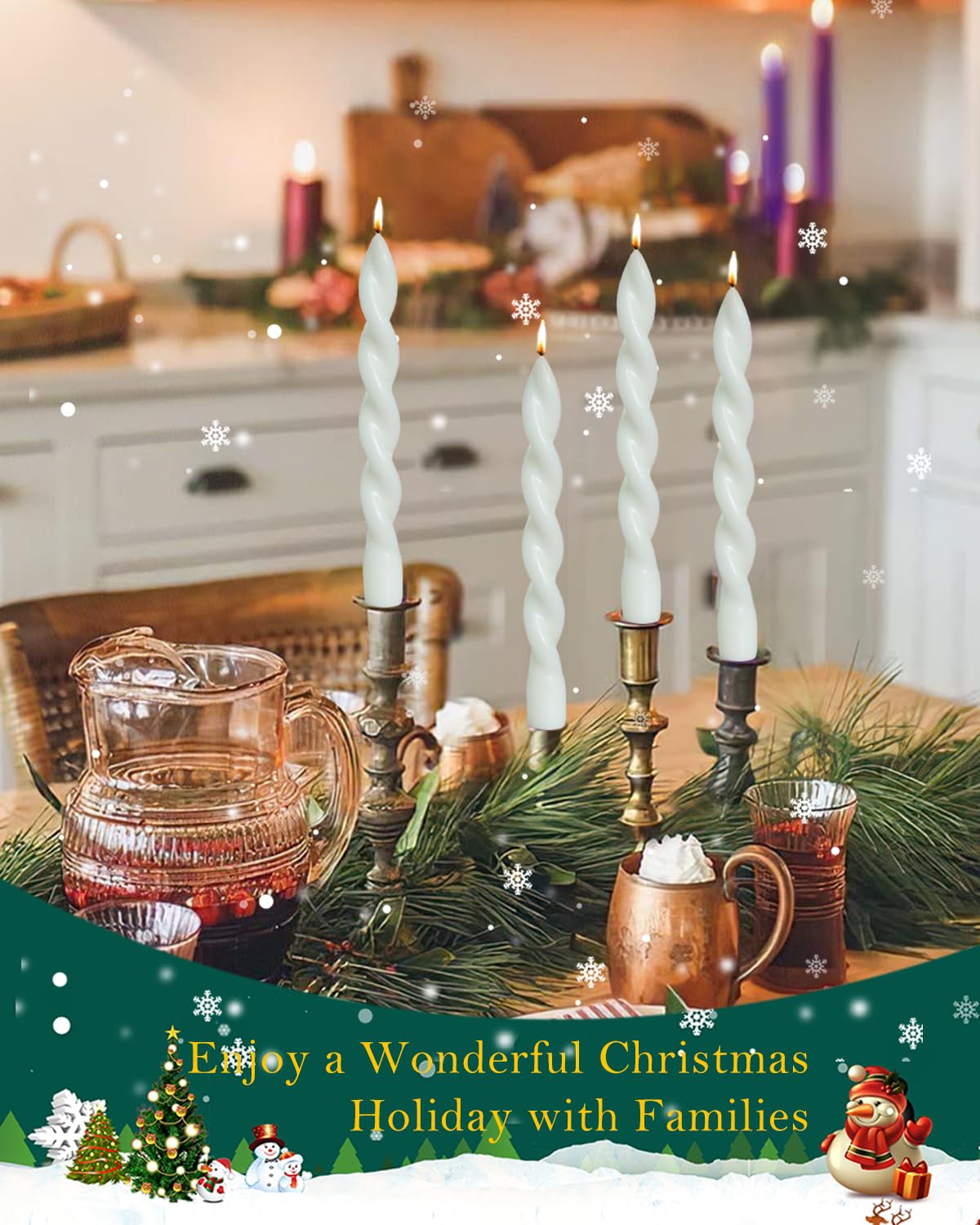White Short Taper Candle Unscented Smokeless Spiral Twisted Candlesticks for Holiday Dinner Party Christmas Decorations-7.5inch-4pack