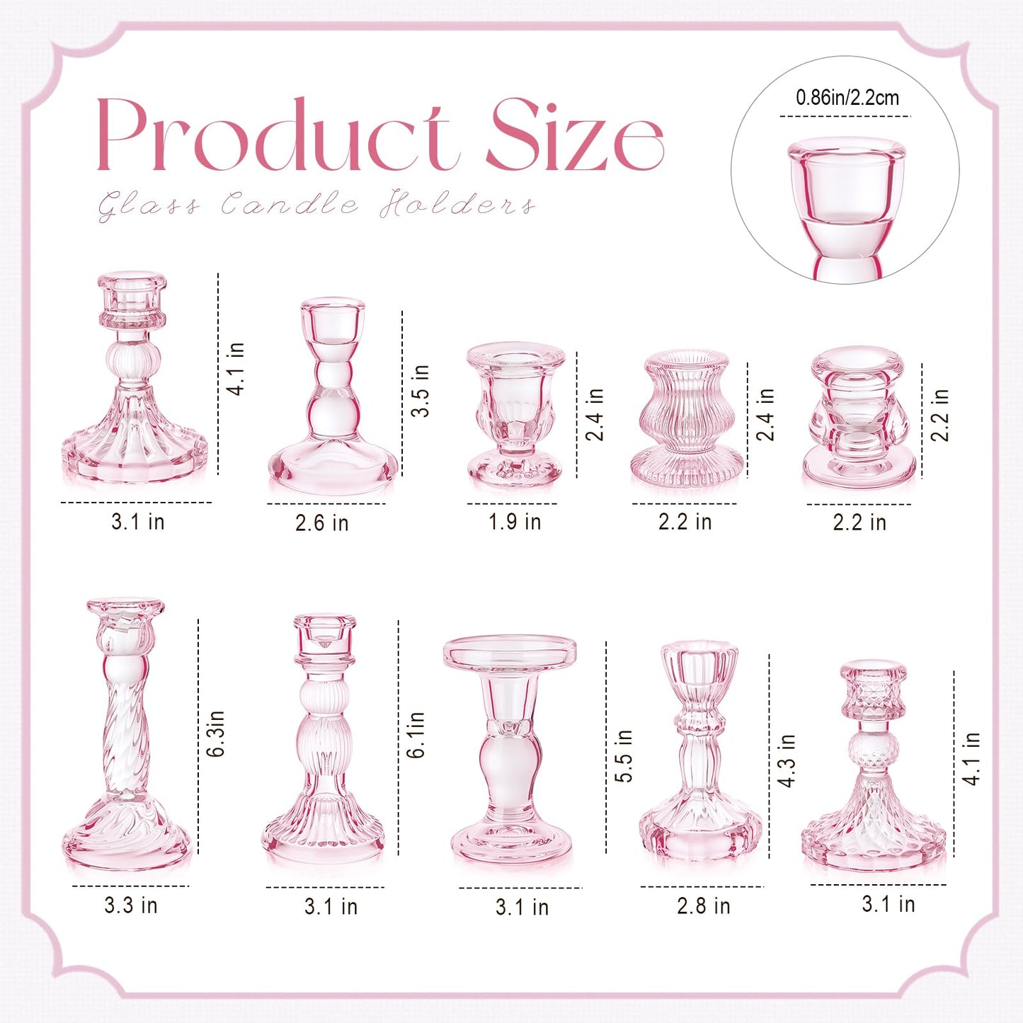 Mumufy 10 Pcs Glass Crystal Taper Candle Holders Clear Glass Candlestick Holder Fit 0.8 Inch Candles Crystal Decorative Candle Stand Centerpiece Table Wedding Dining Party (Classic,Pink)