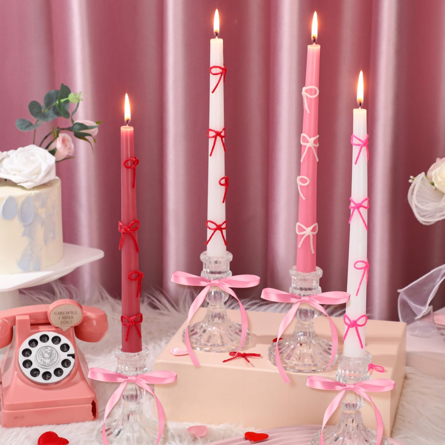 Conelist 12 Set Pink Bow Taper Candles Coquette Birthday Decoration Candles Pink Candlesticks with Wax Stick for Bridal Shower Wedding Dinner Decorations for Birthday Anniversary Party